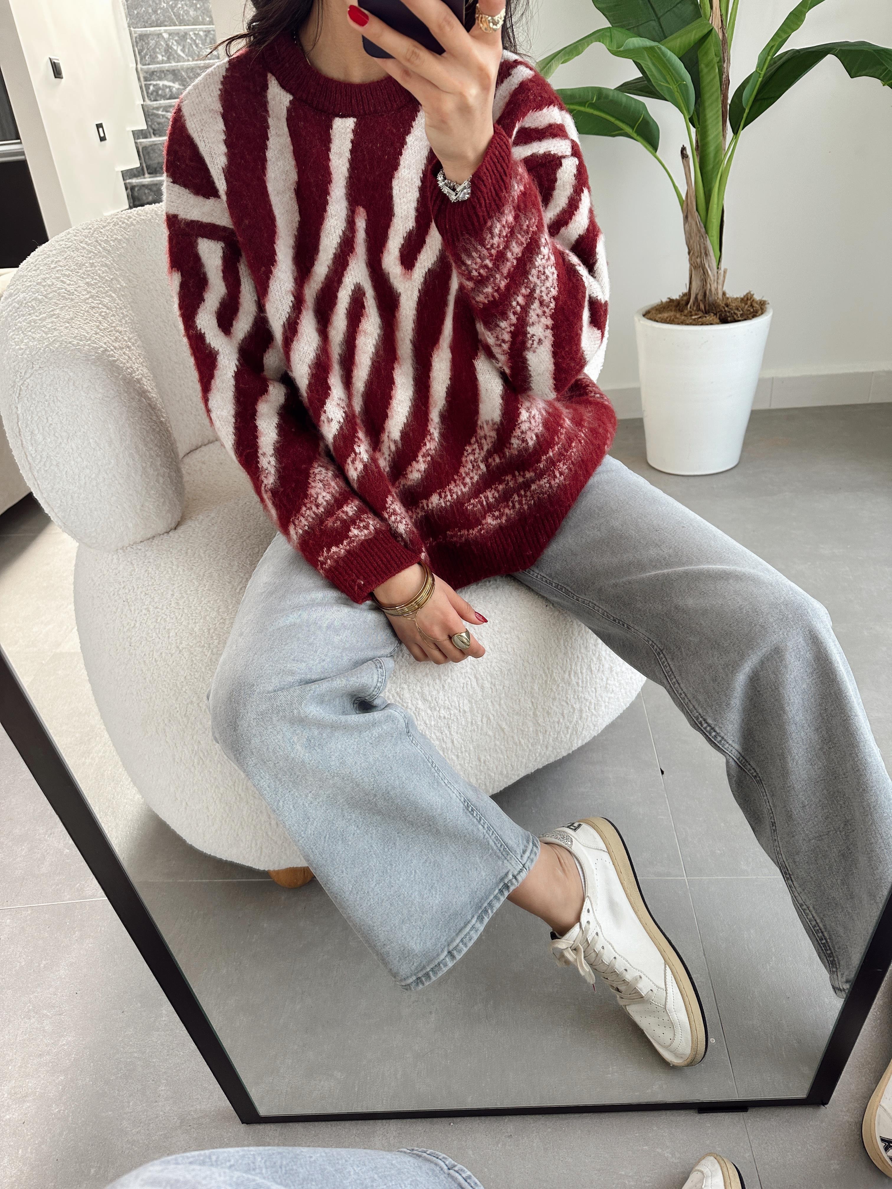 Bordo-Taş Zebra Desen Triko Kazak