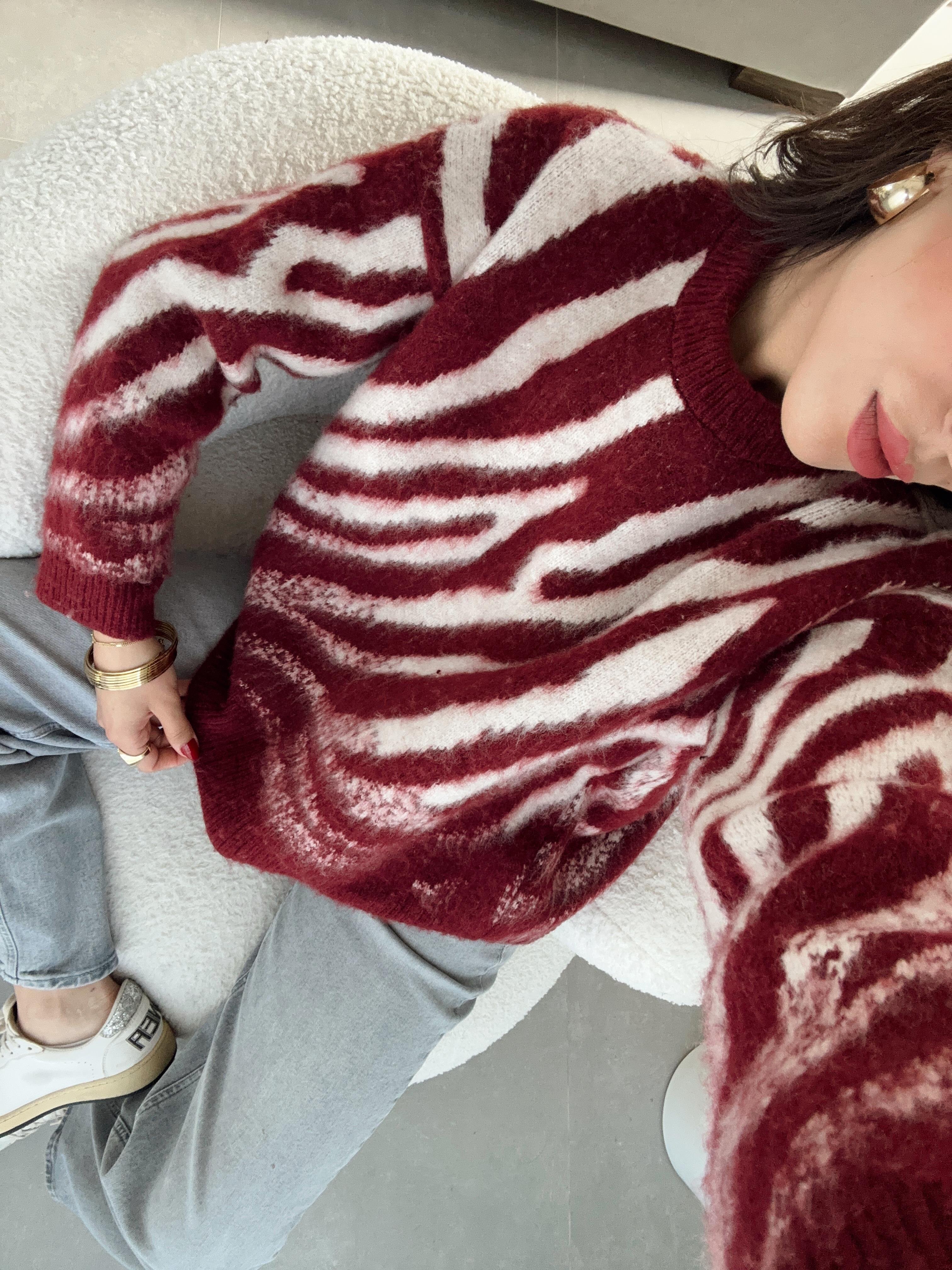 Bordo-Taş Zebra Desen Triko Kazak