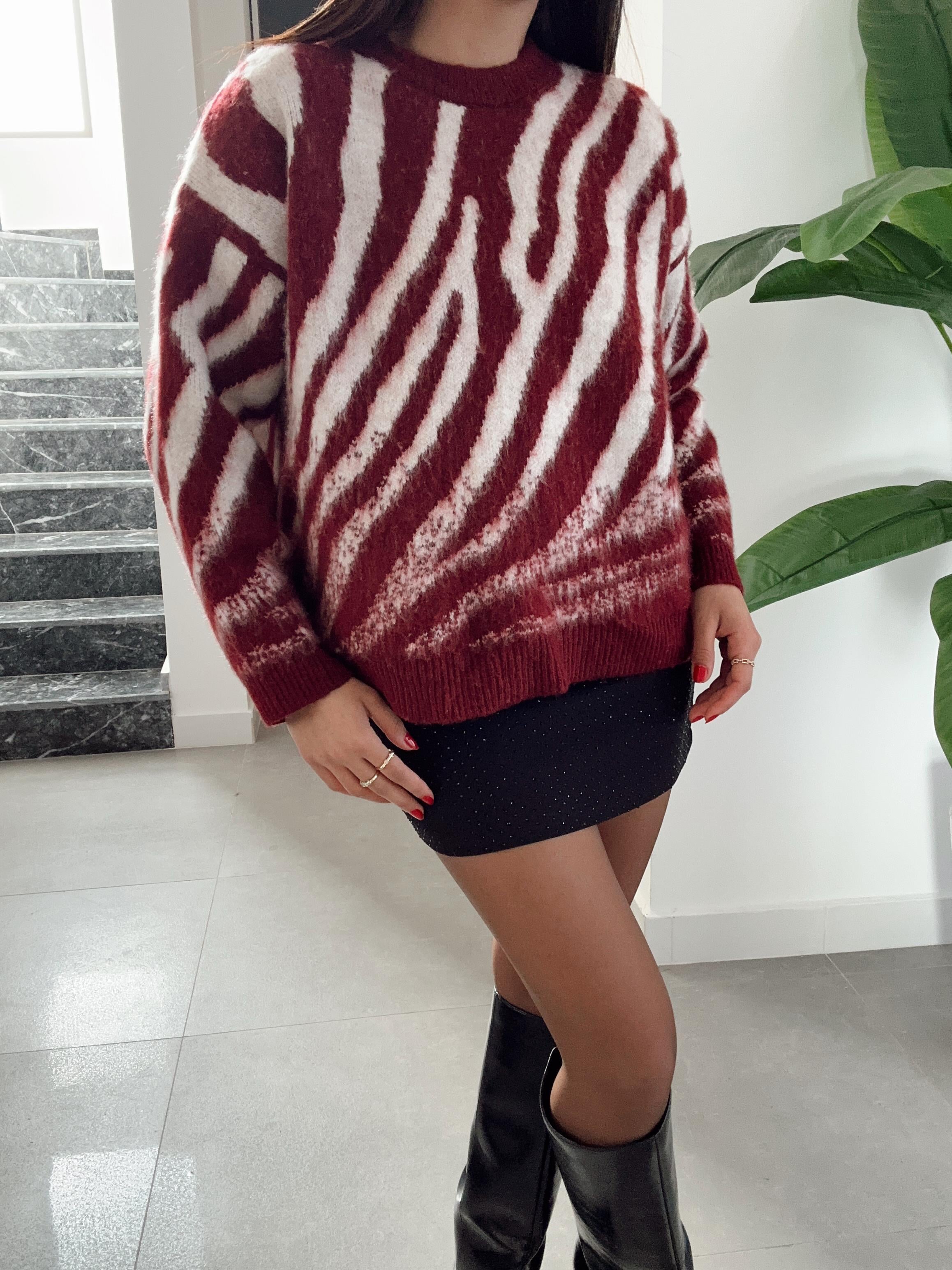 Bordo-Taş Zebra Desen Triko Kazak