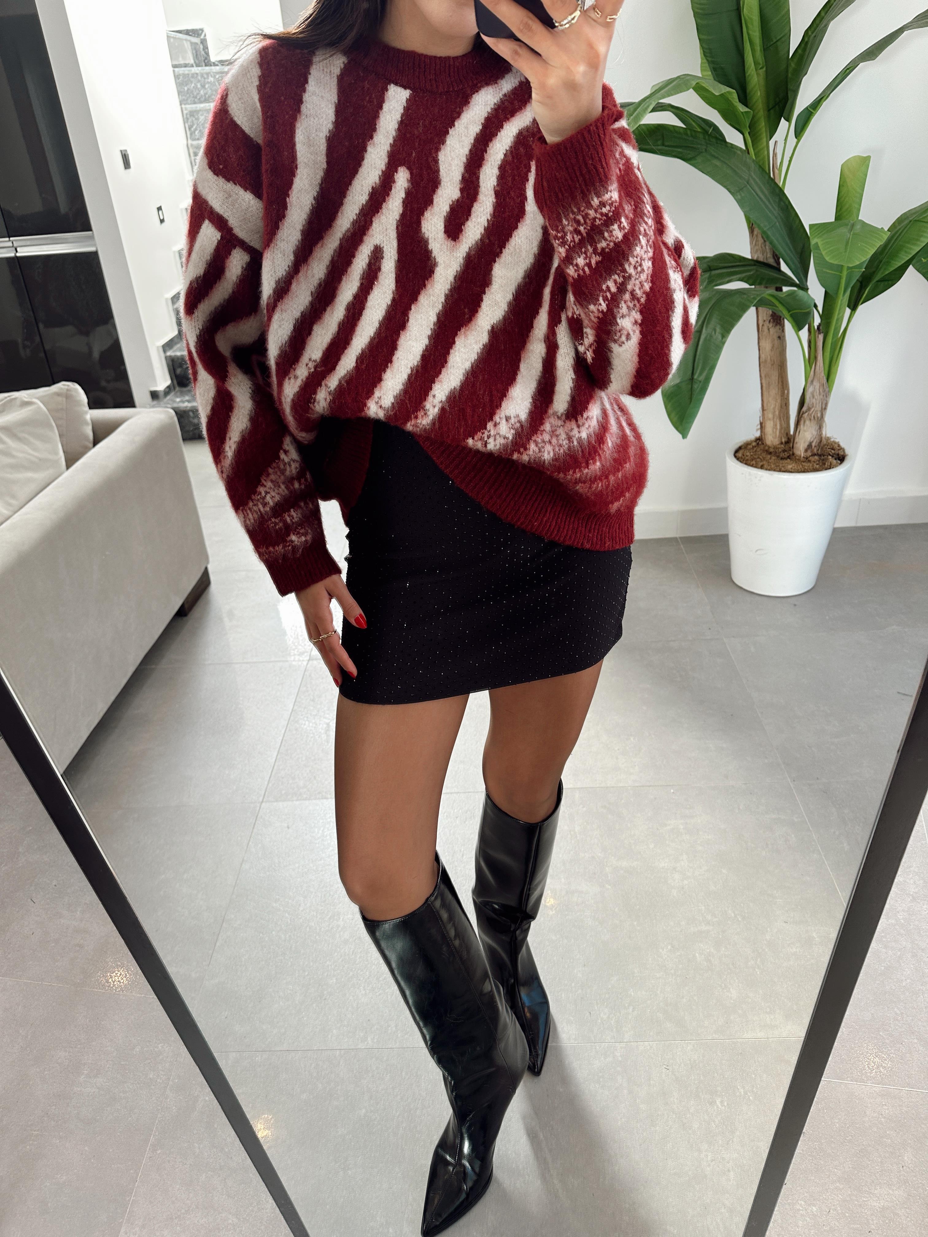 Bordo-Taş Zebra Desen Triko Kazak