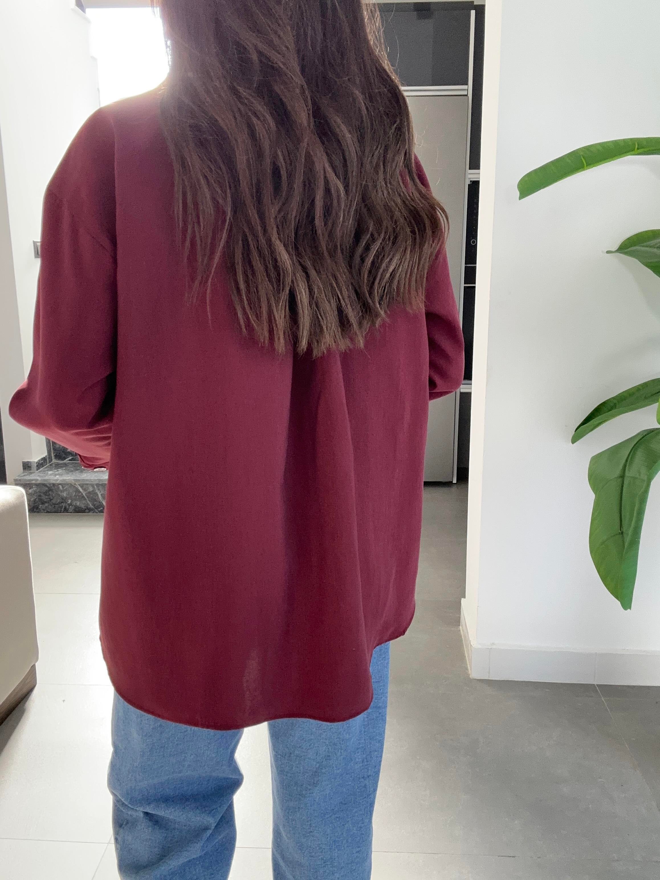 Bordo Tek Cep Oversize Gömlek