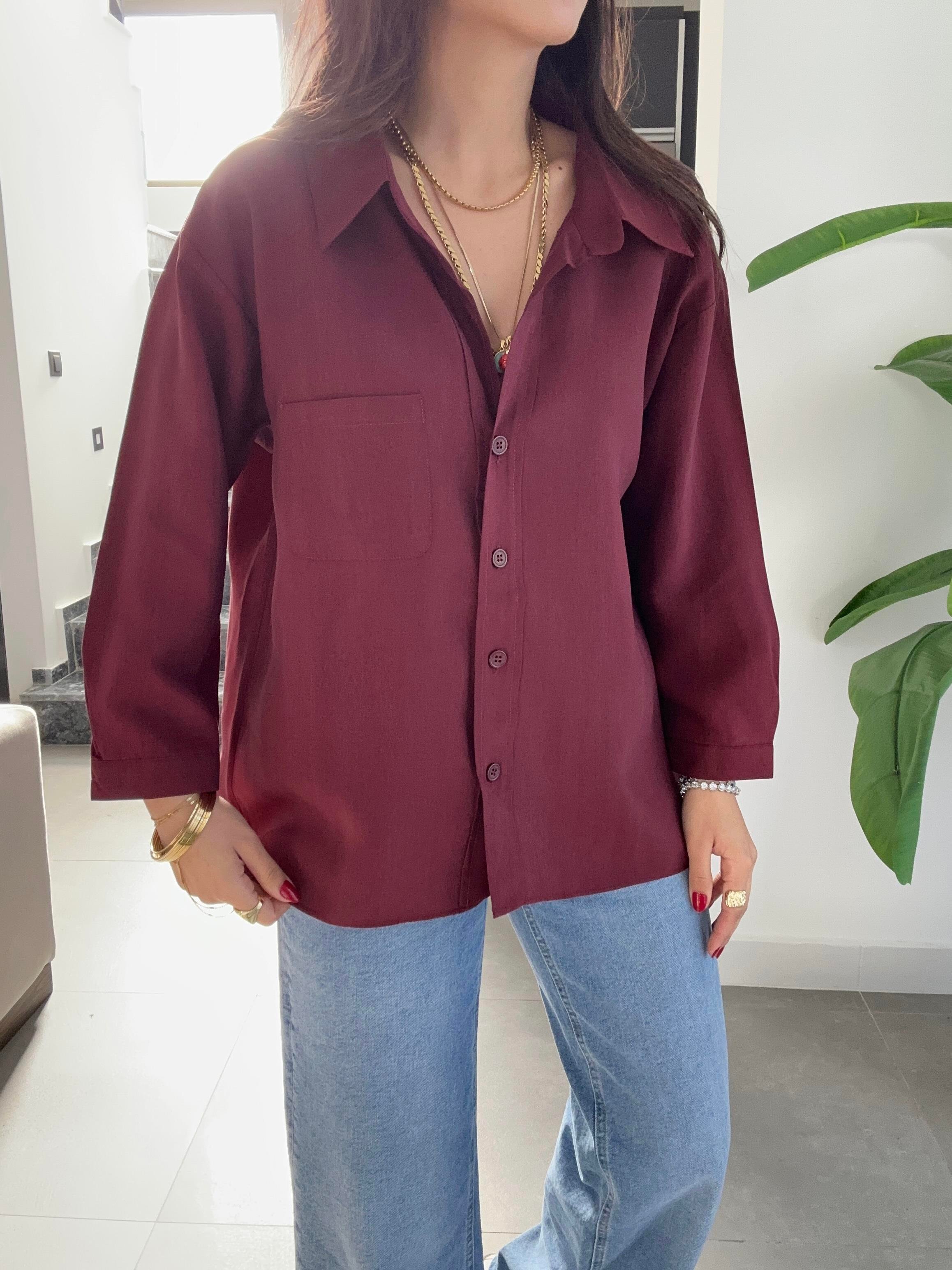 Bordo Tek Cep Oversize Gömlek