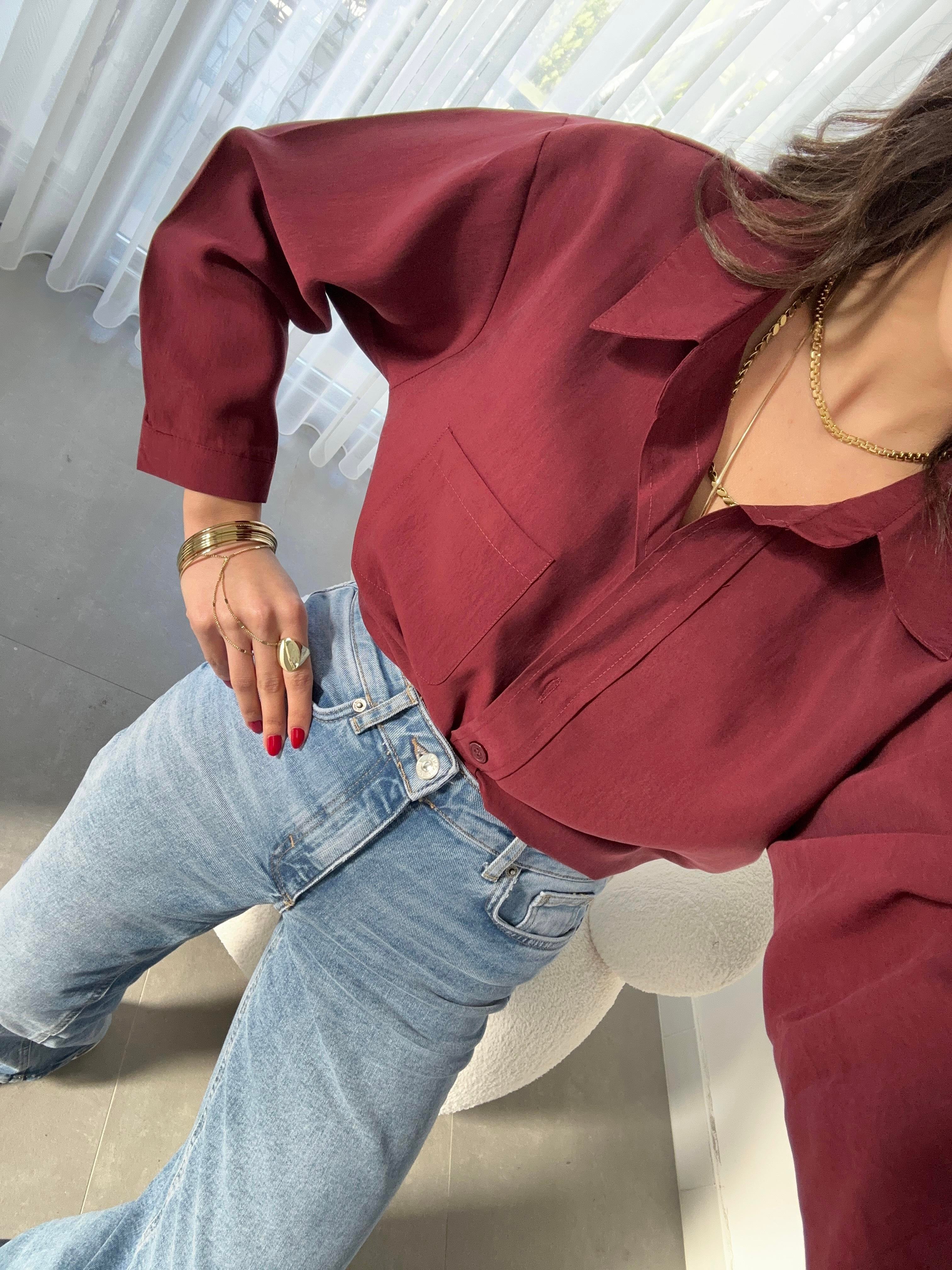 Bordo Tek Cep Oversize Gömlek