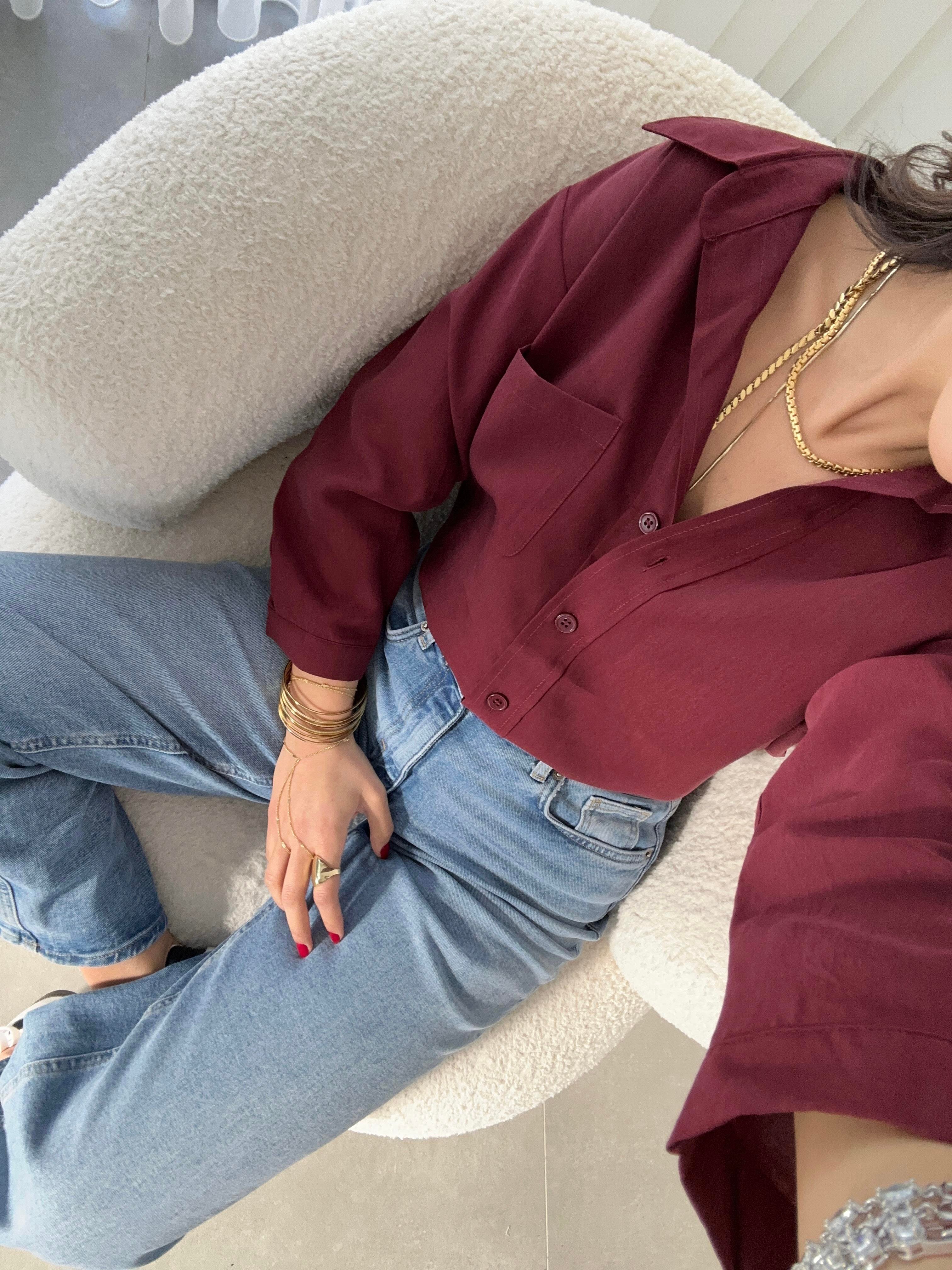 Bordo Tek Cep Oversize Gömlek