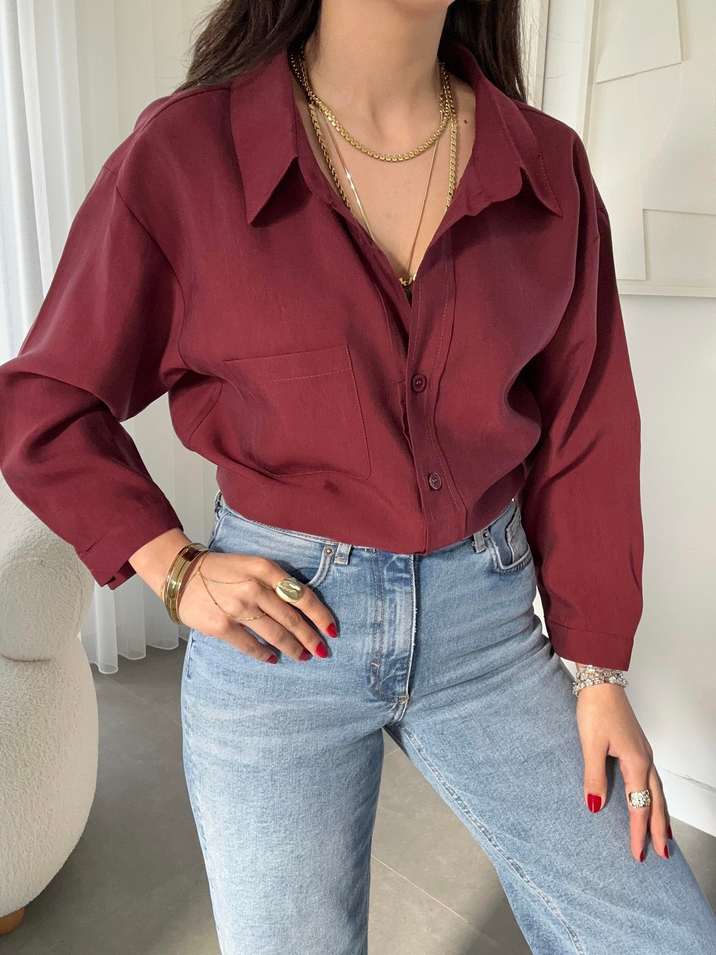 Bordo Tek Cep Oversize Gömlek