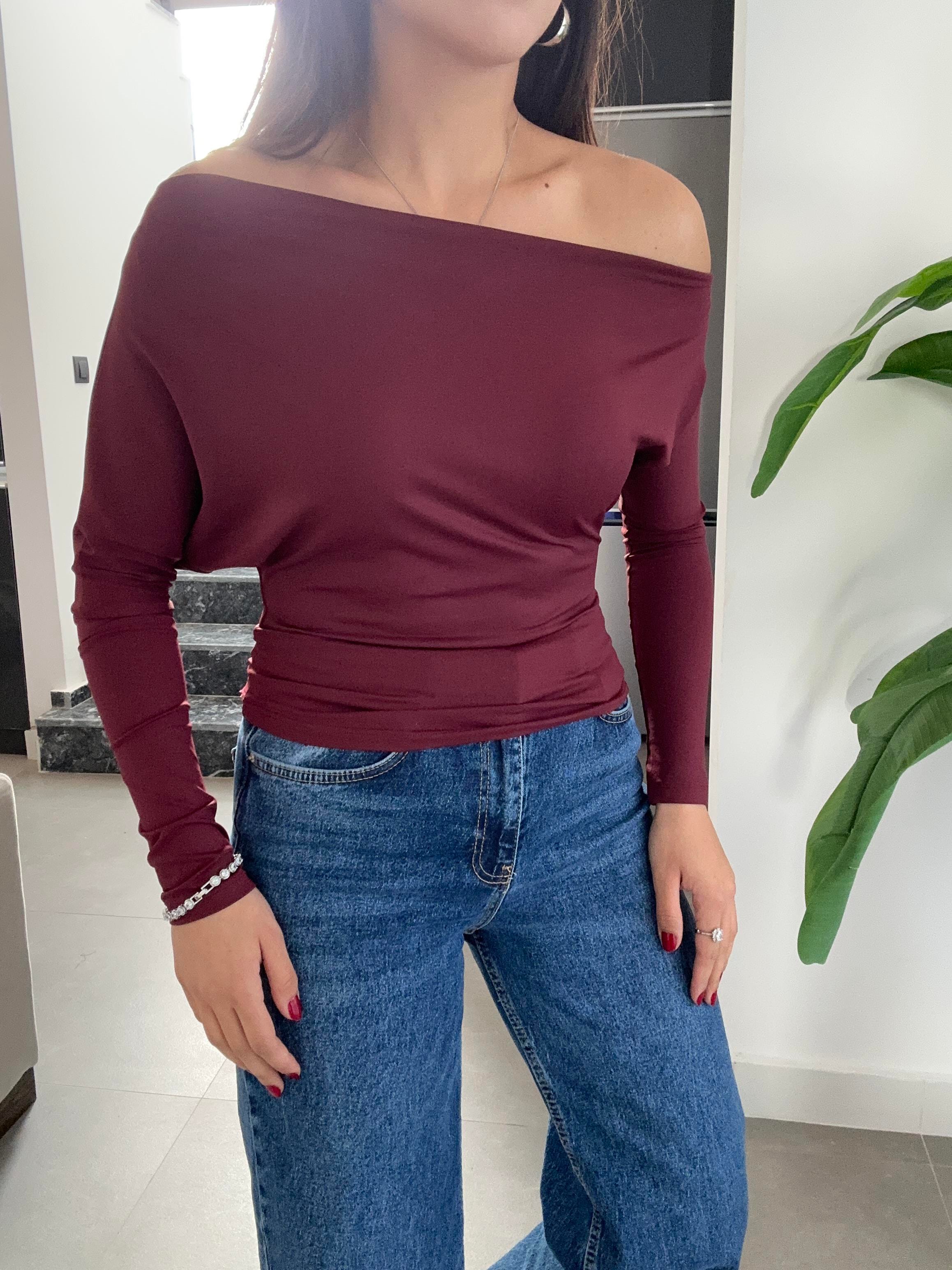 Bordo Uzun Kollu Asimetrik Bluz