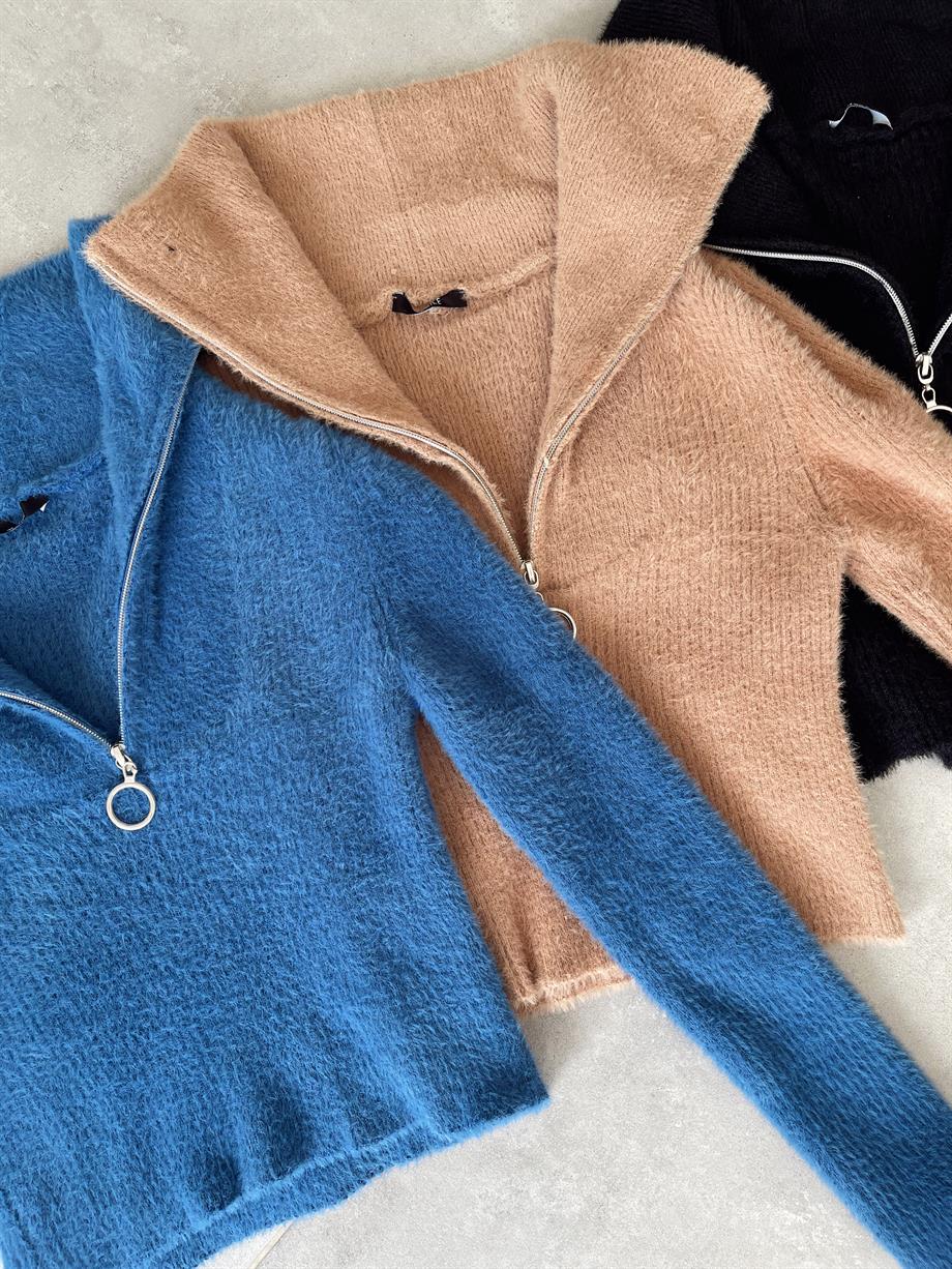 Camel  Fermuarlı Ftilli Triko