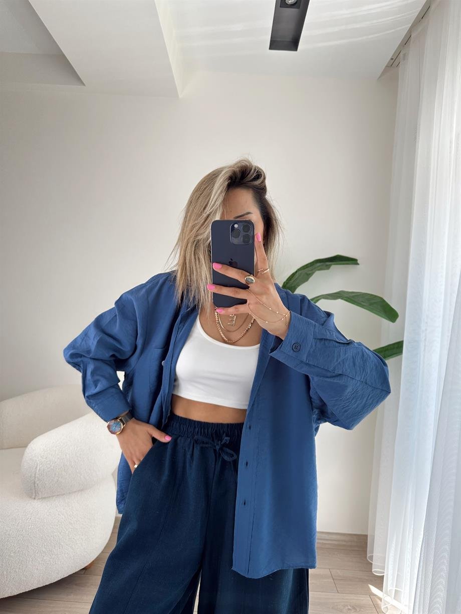 Cep Detaylı İndigo Oversize Gömlek