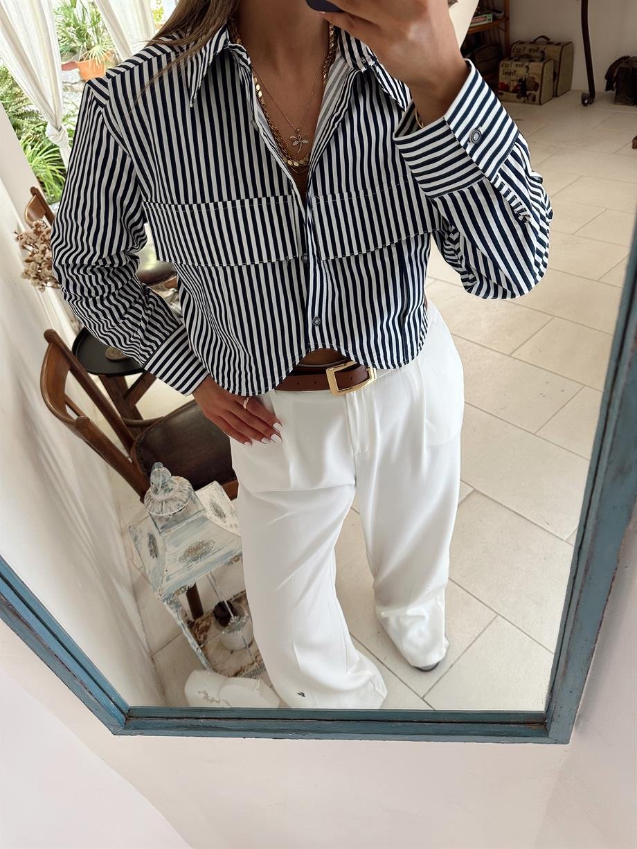 Çift Cep Çizgili Crop Gömlek