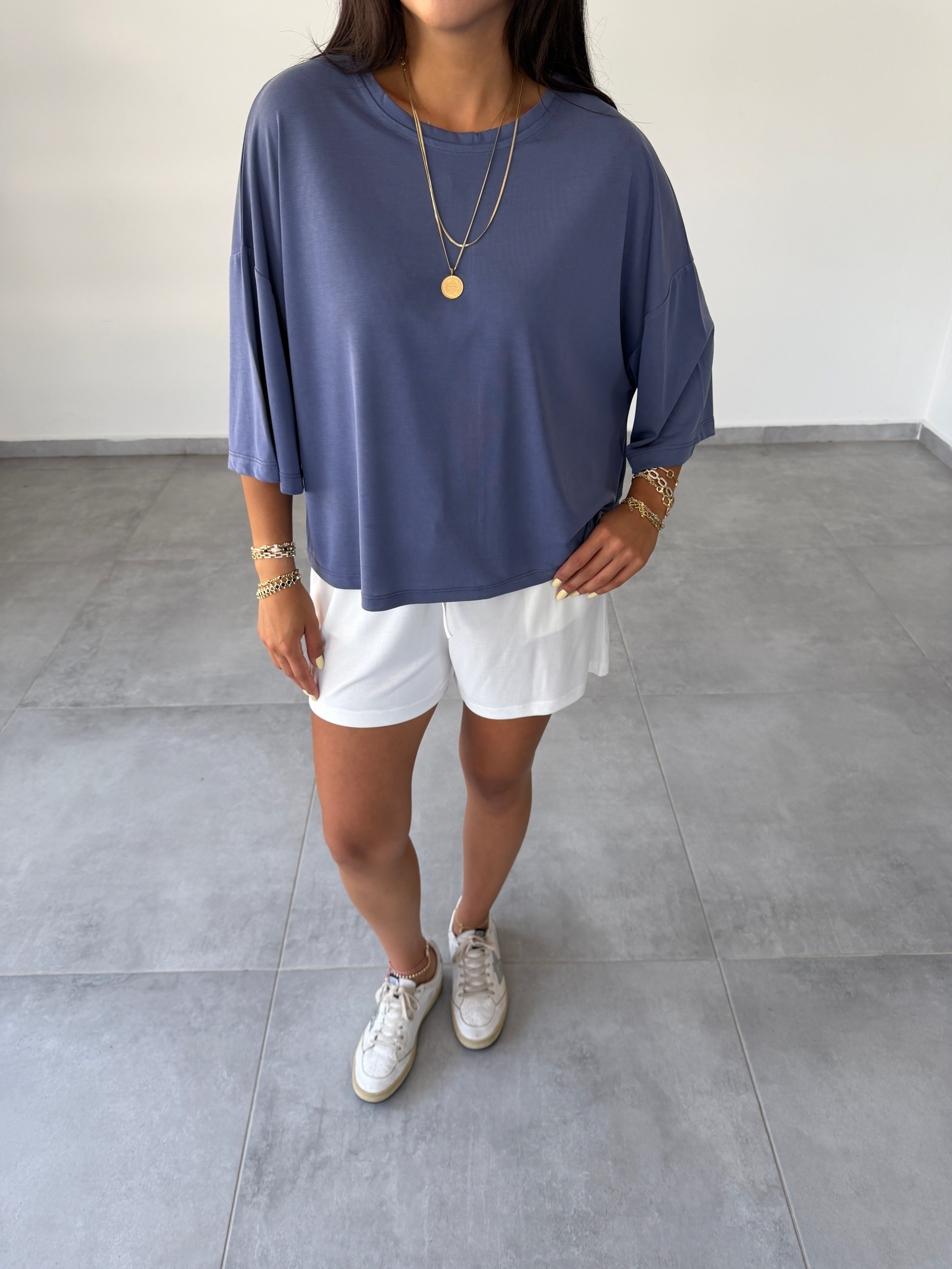 Comfort İndigo Modal Düşük Kol T-Shirt