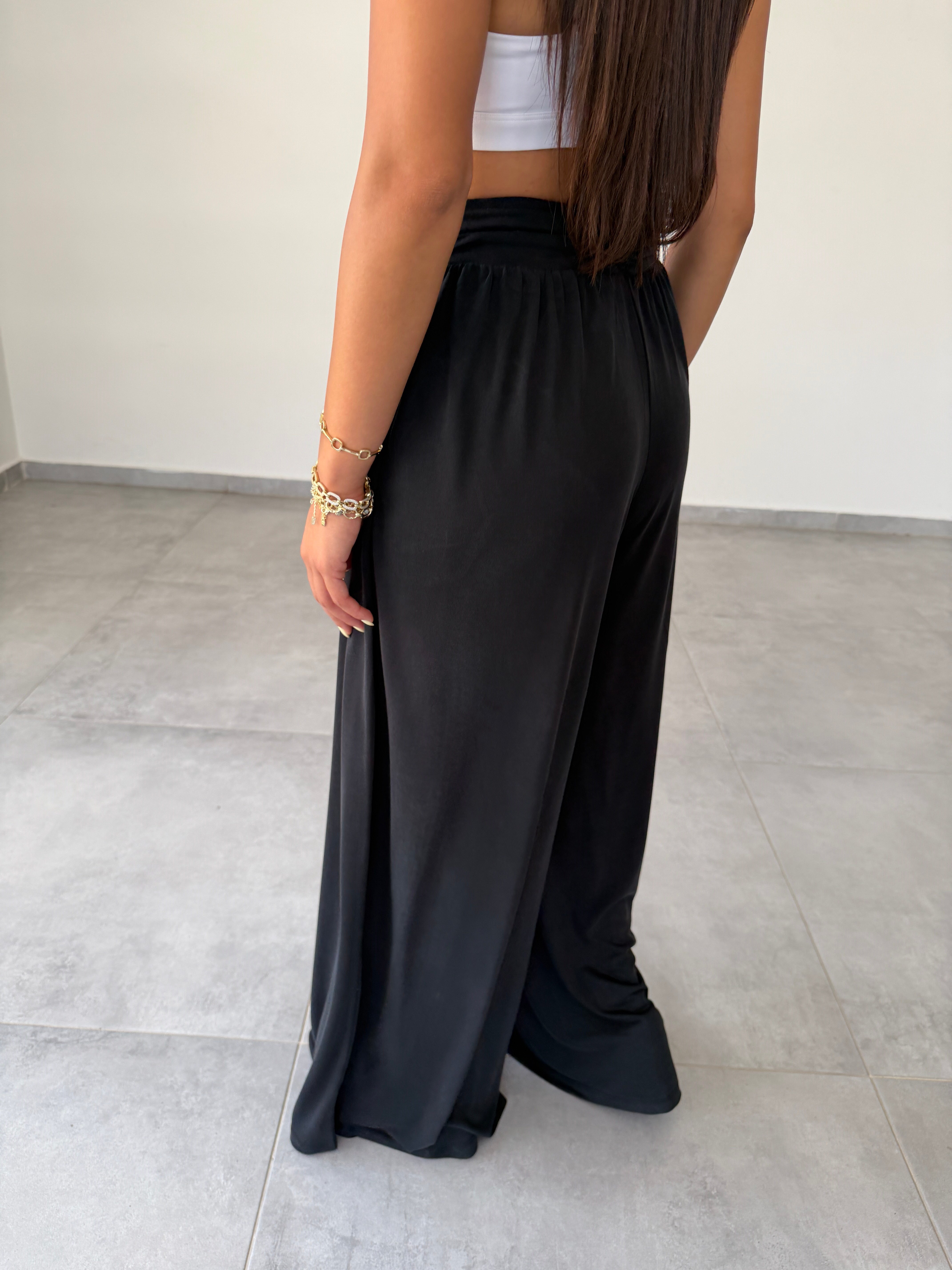 Comfort Siyah Kruvaze Bel Detaylı Modal Bol Paça Pantolon