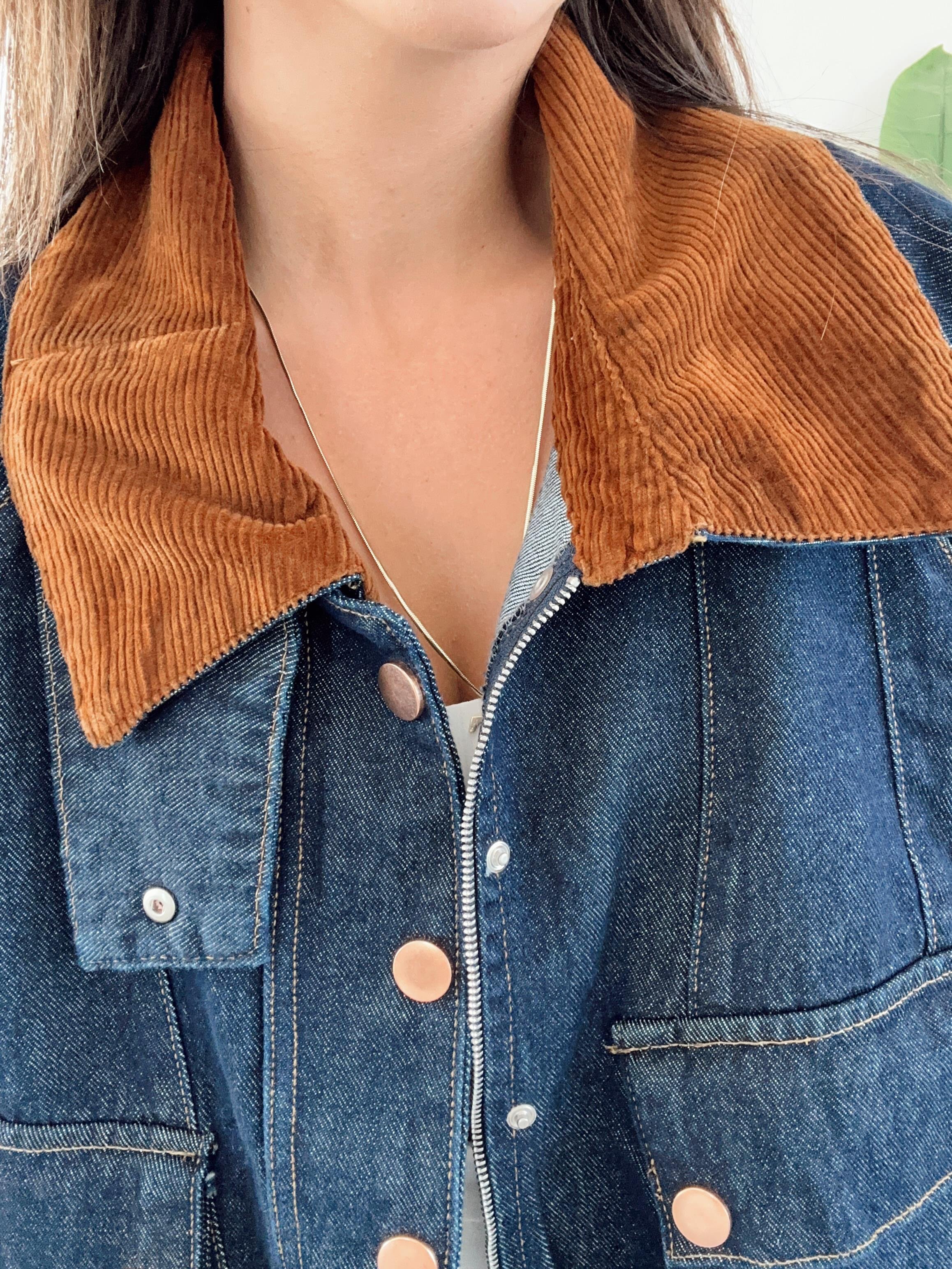 Denim Kadife Yaka Detaylı Ceket