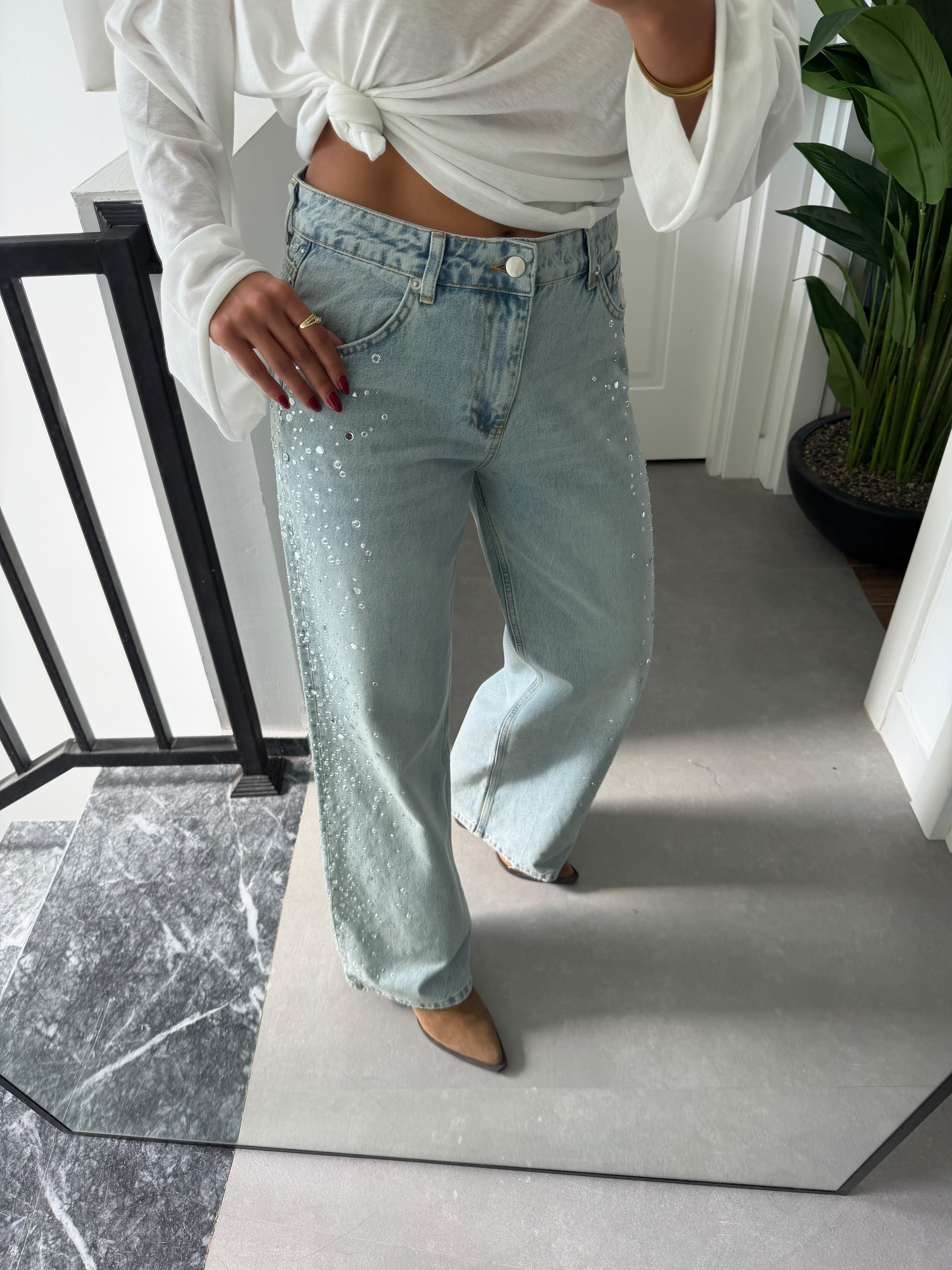Denim Yanları Taşlı Jean