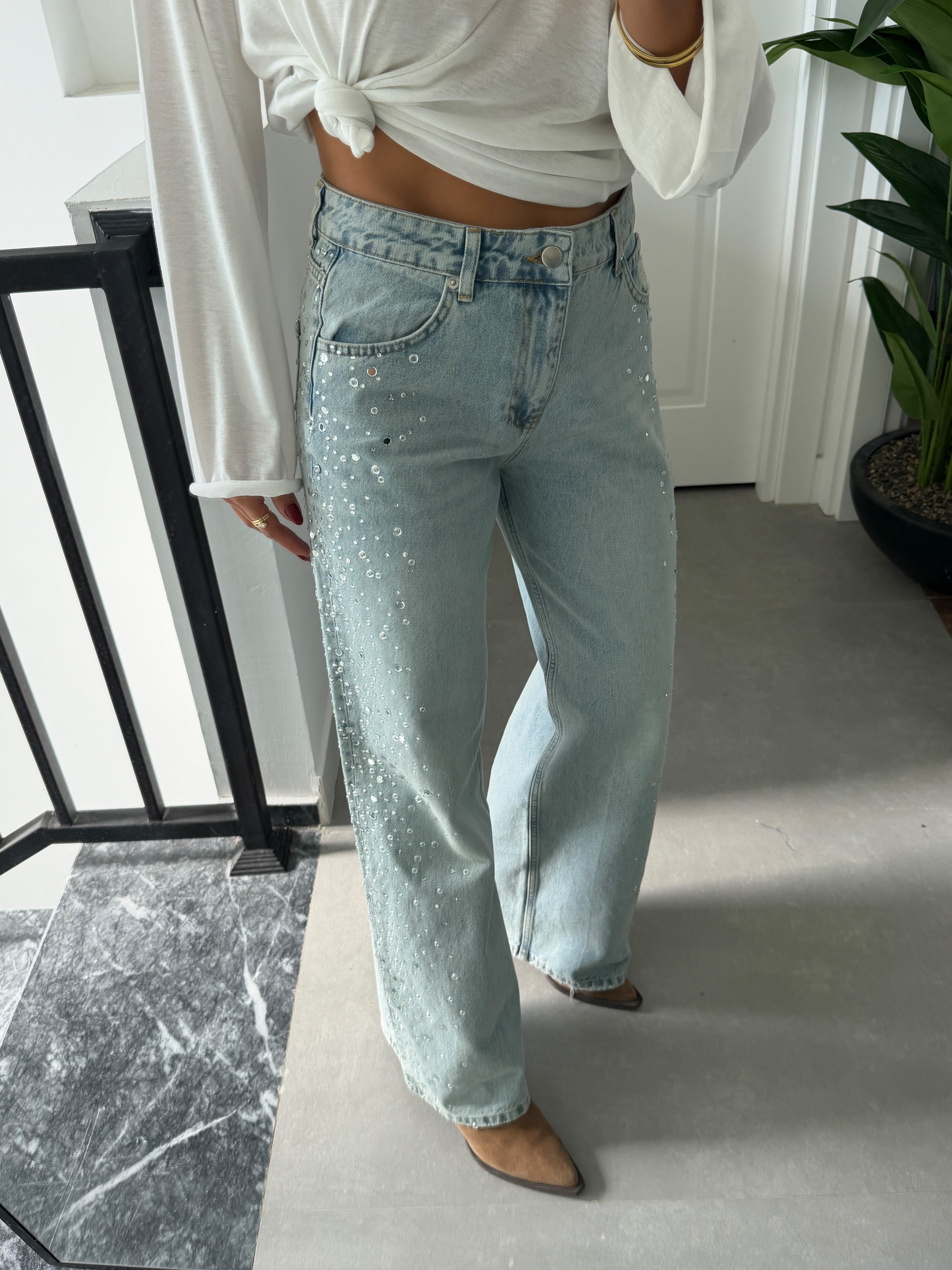 Denim Yanları Taşlı Jean