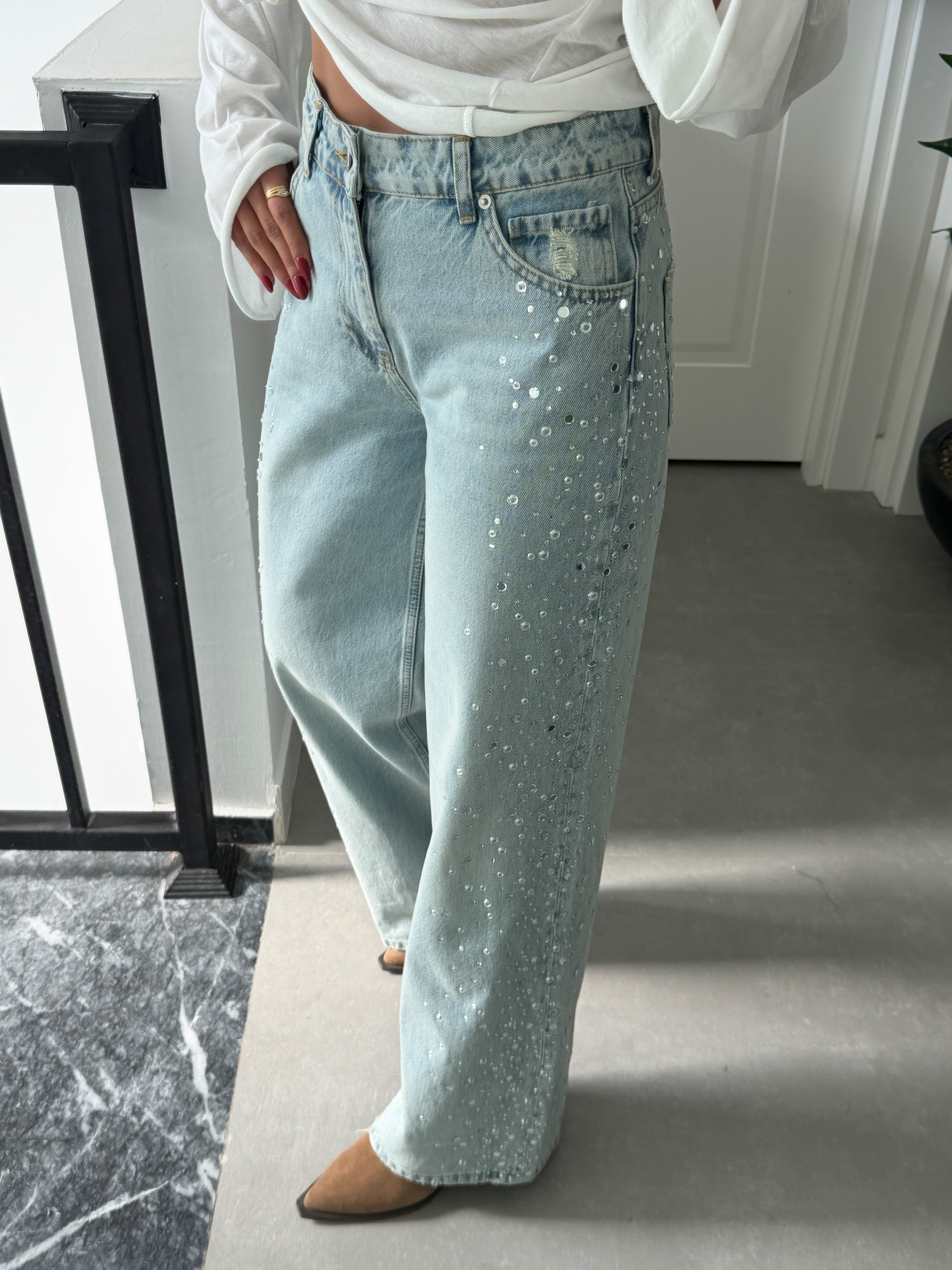 Denim Yanları Taşlı Jean