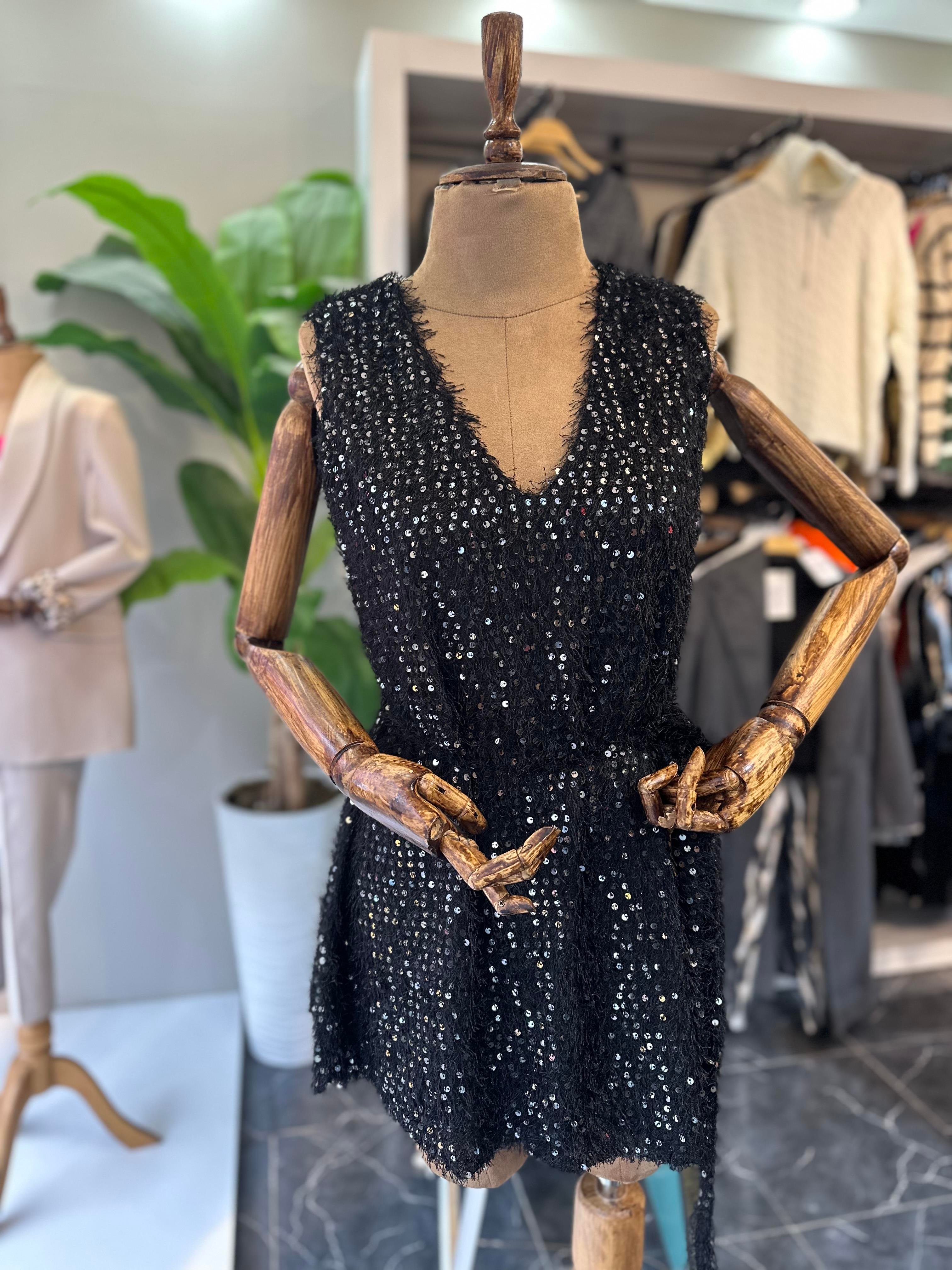 Deri V Yaka Mini Elbise-Siyah-Gri