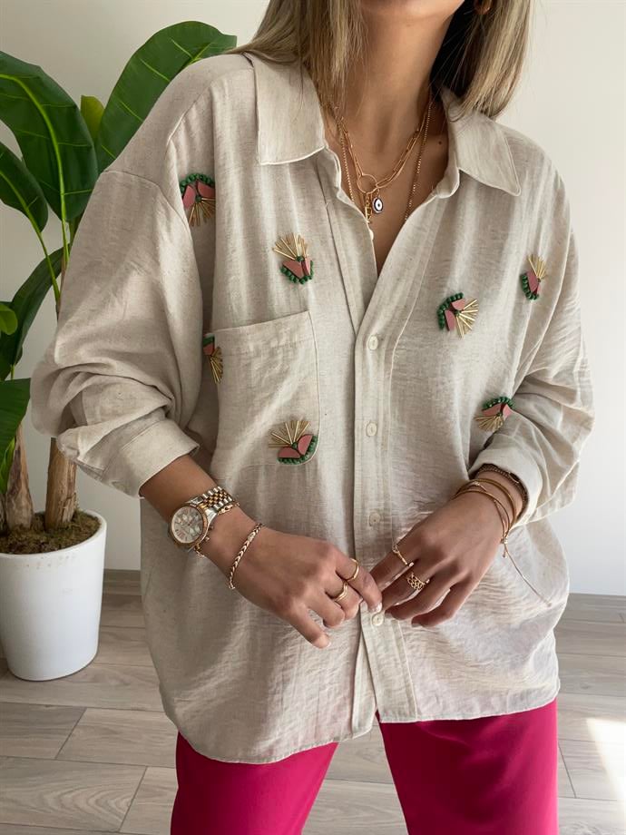 Düşük Omuzlu İşlemeli Gömlek