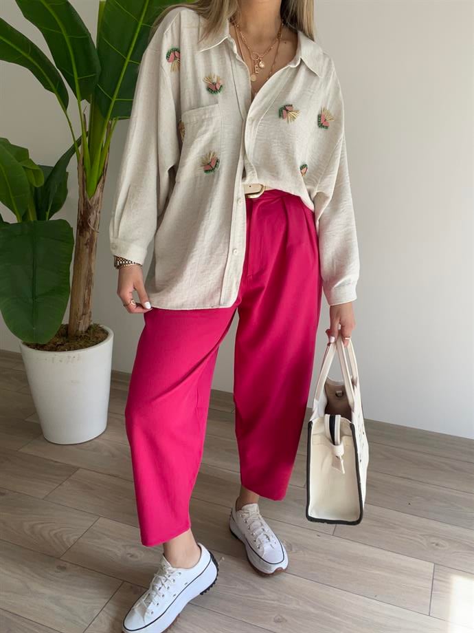 Düşük Omuzlu İşlemeli Gömlek