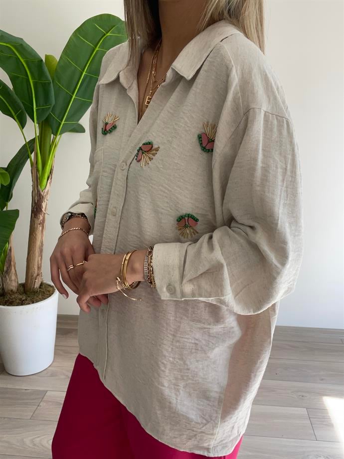 Düşük Omuzlu İşlemeli Gömlek