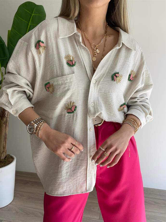 Düşük Omuzlu İşlemeli Gömlek