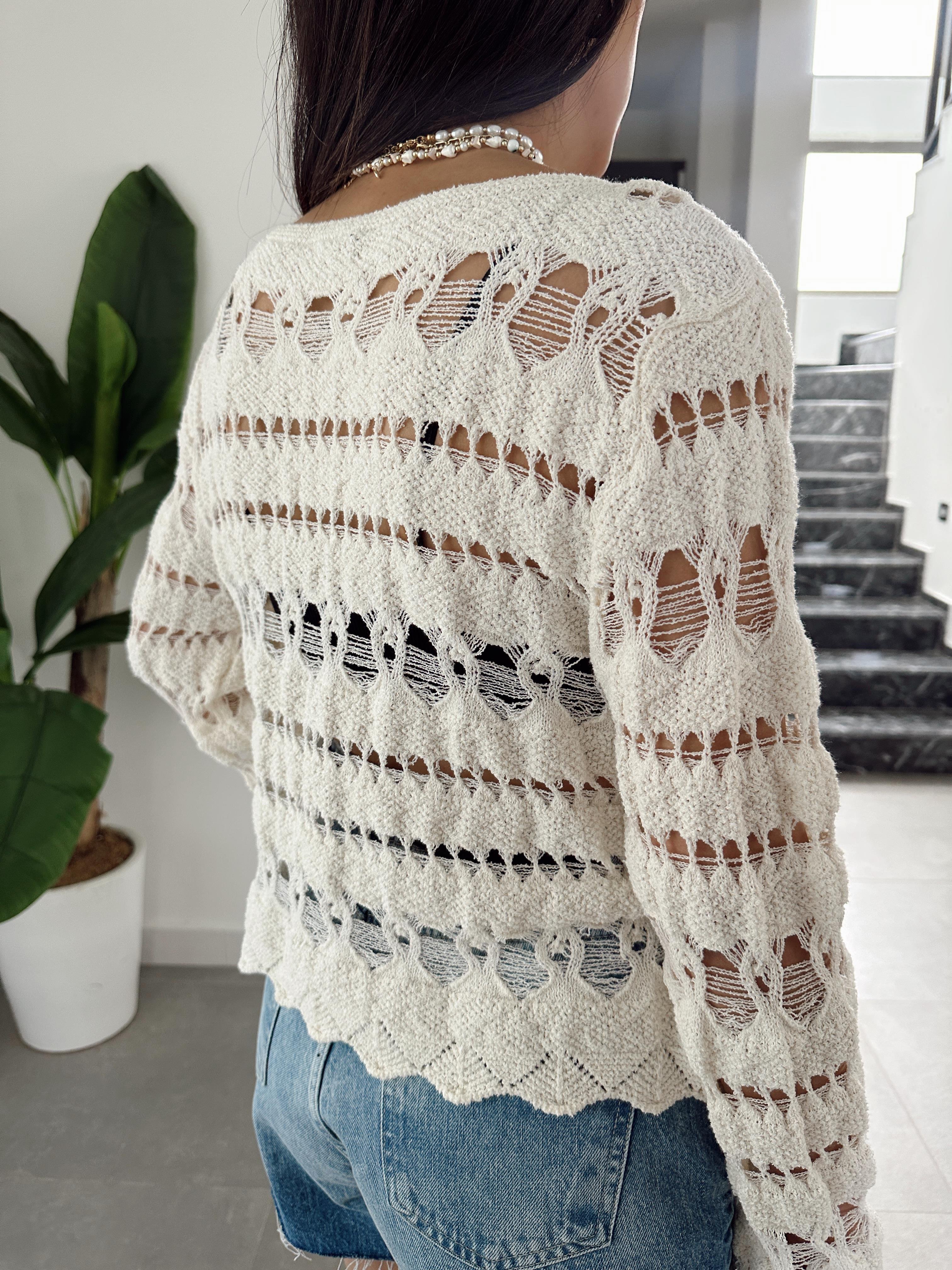 Ekru Ajurlu Triko Bluz