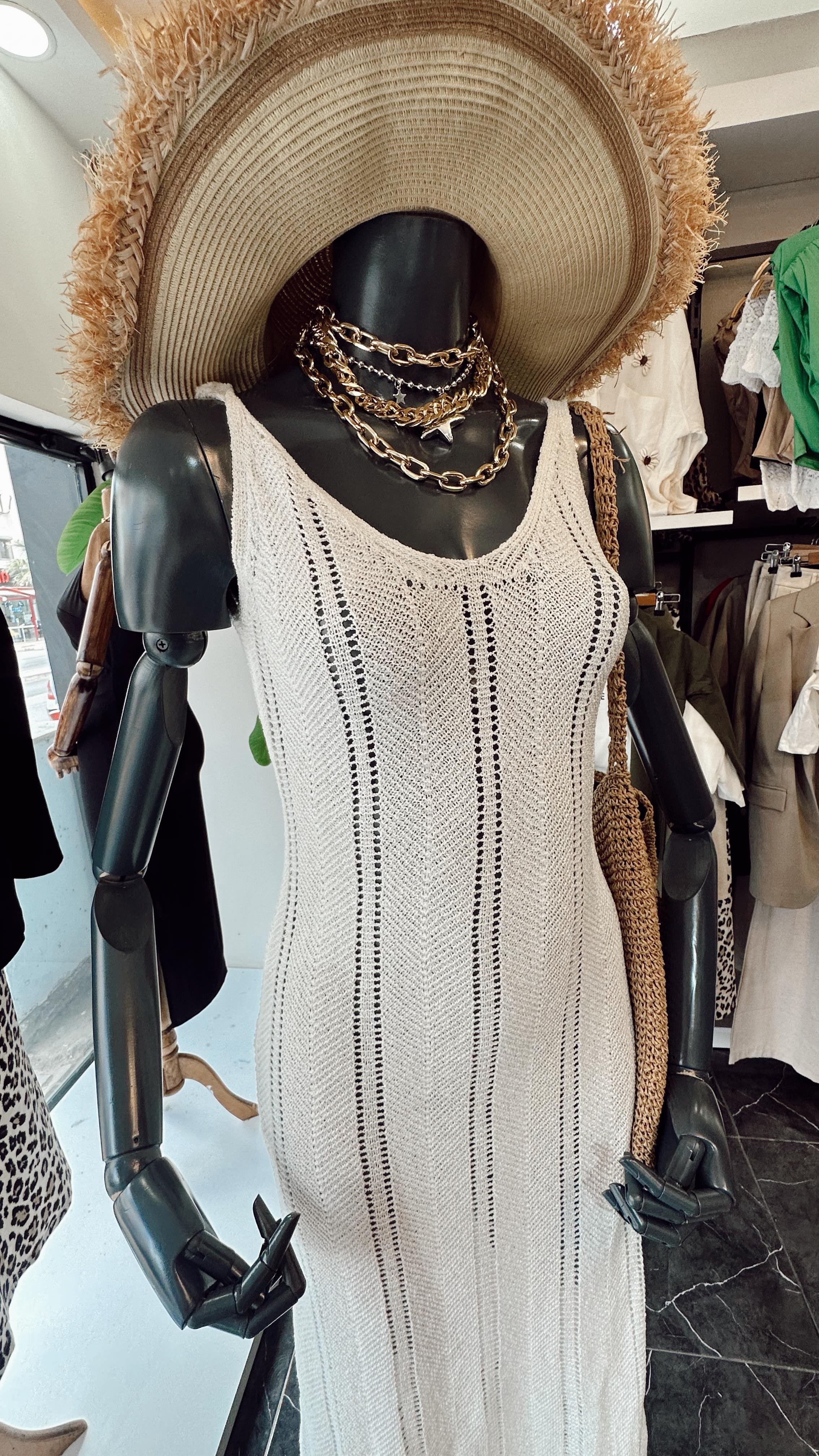 Ekru Ajurlu Triko Elbise