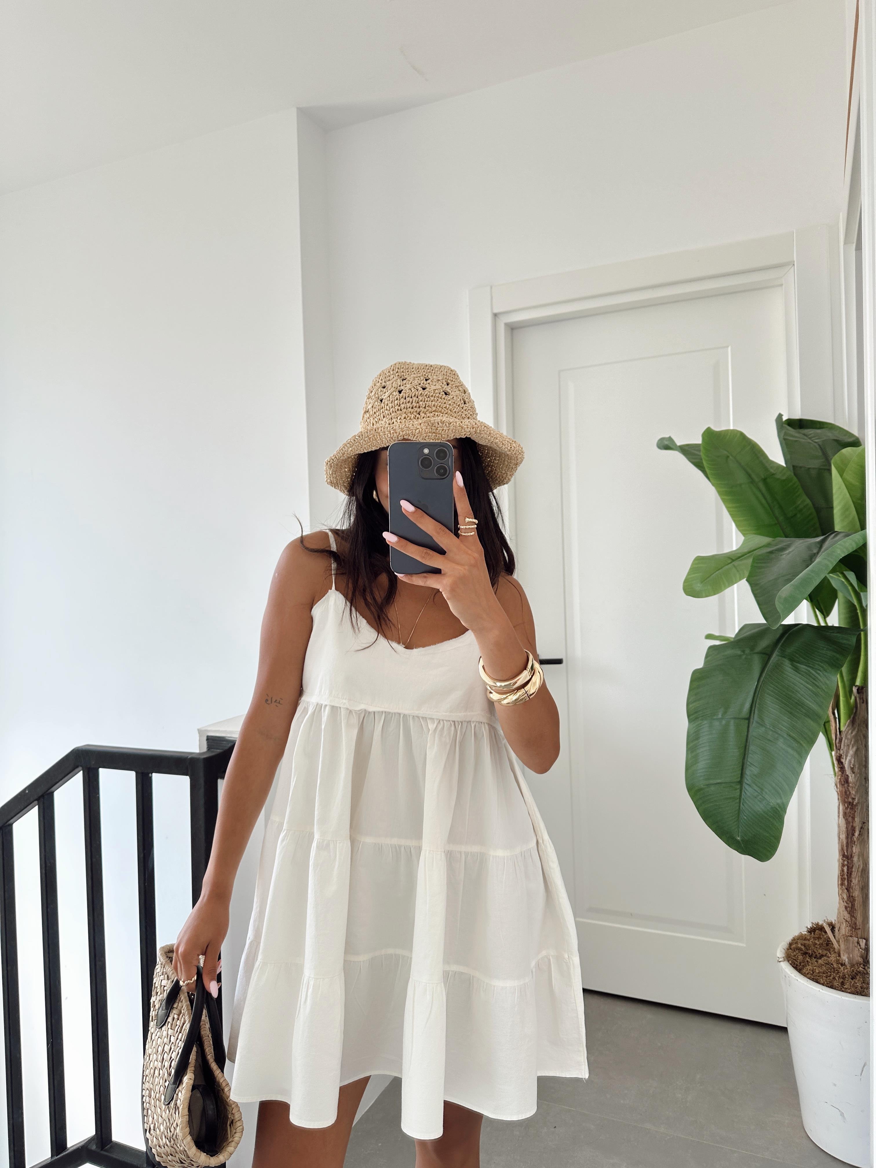 Ekru Askılı Mini Elbise