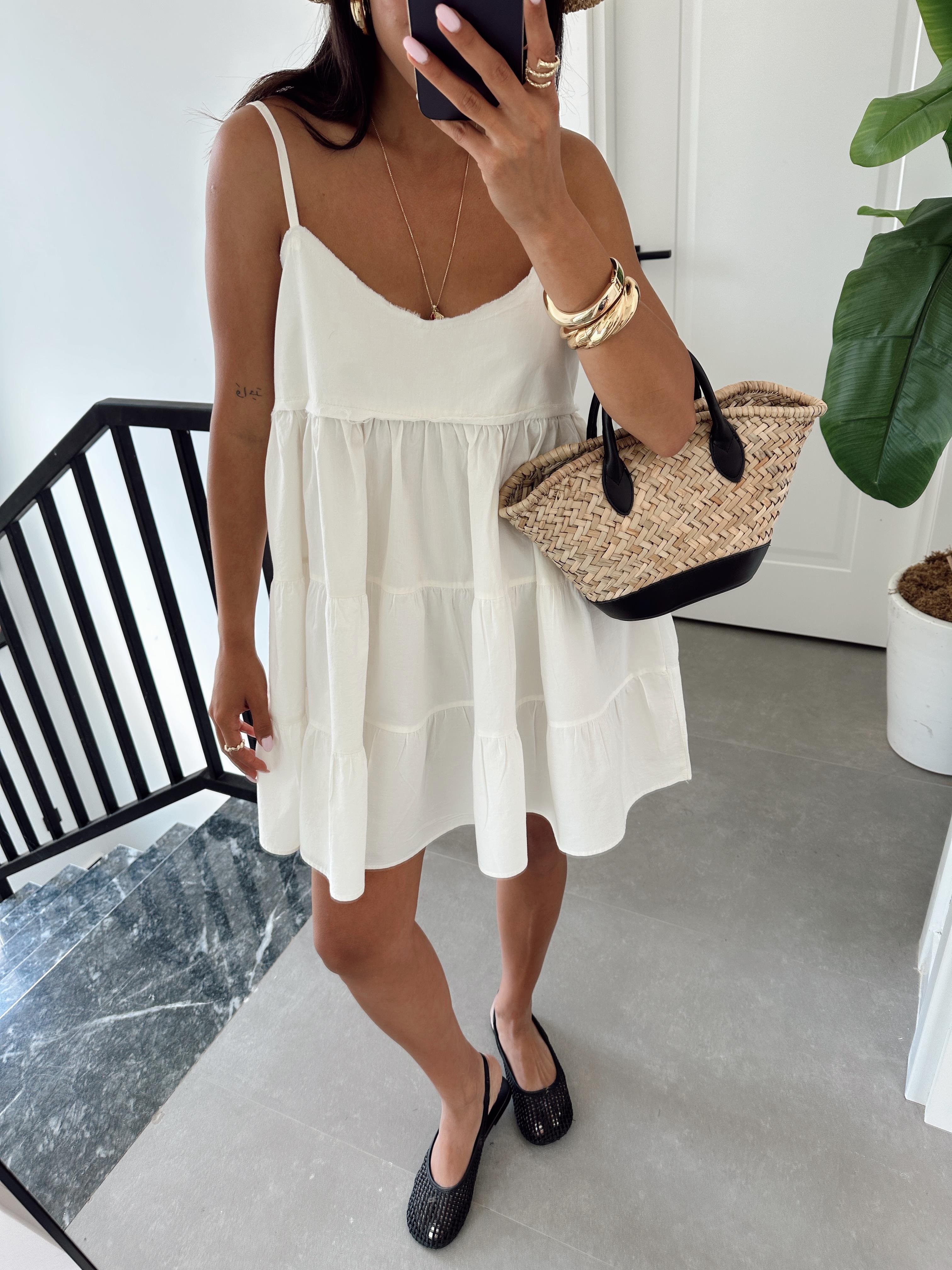 Ekru Askılı Mini Elbise