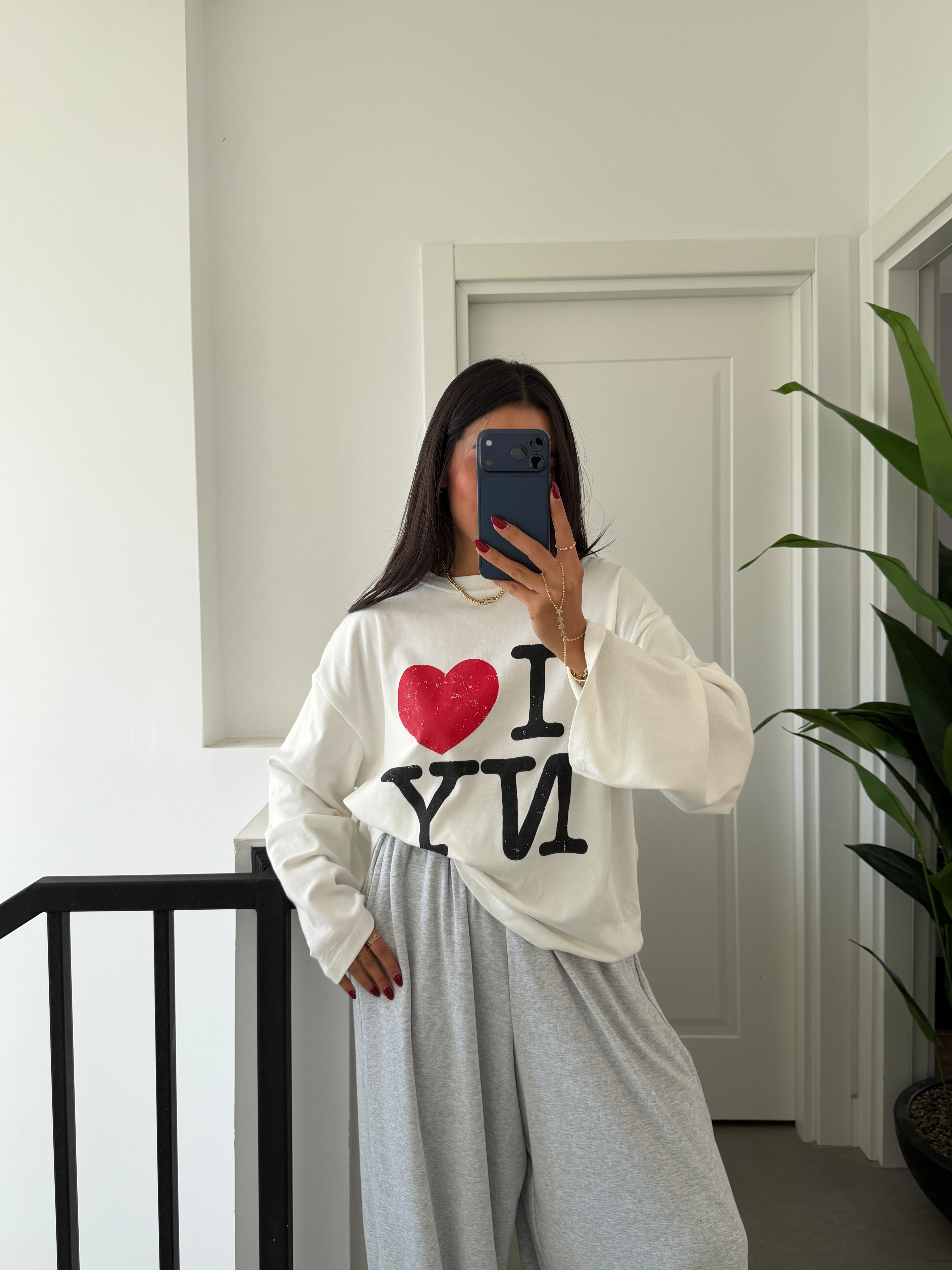 Ekru Baskılı Uzun Kollu Basic Tshirt