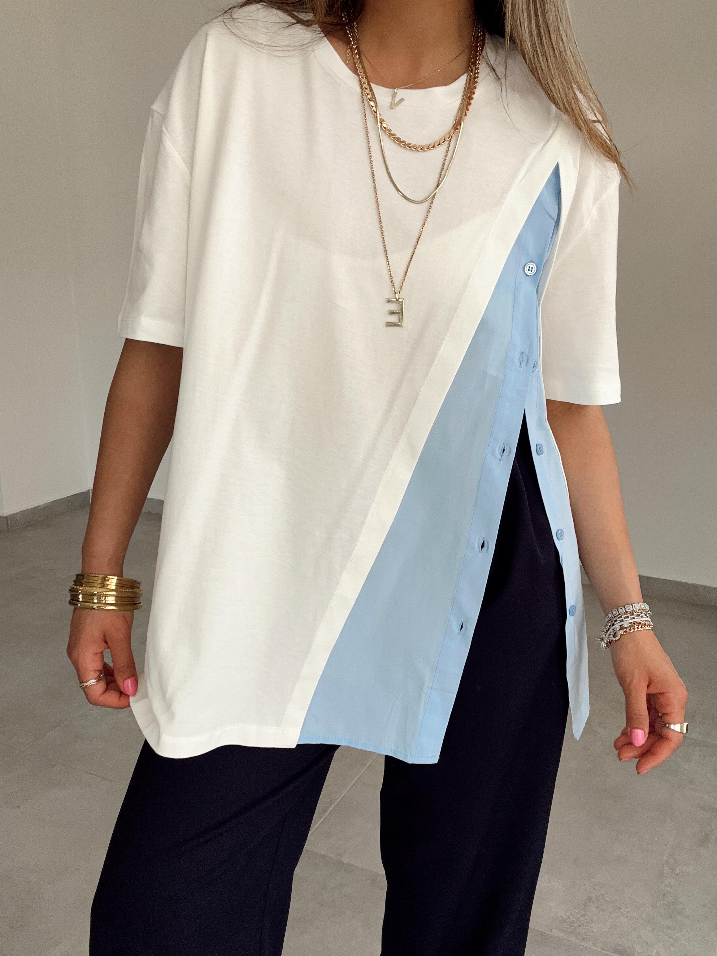 Ekru Bisiklet Yaka Garnili Tişört