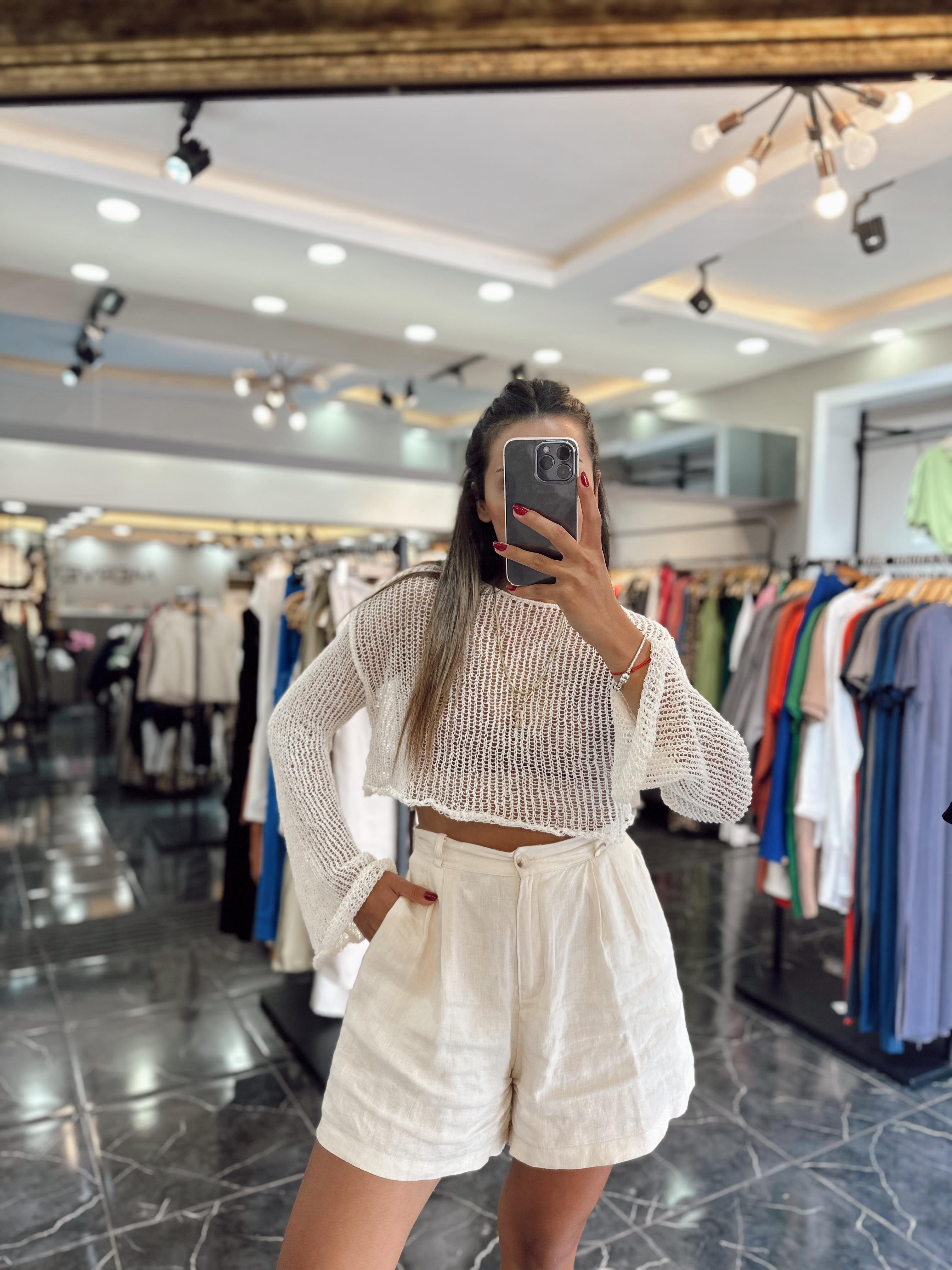 Ekru File Crop Bluz