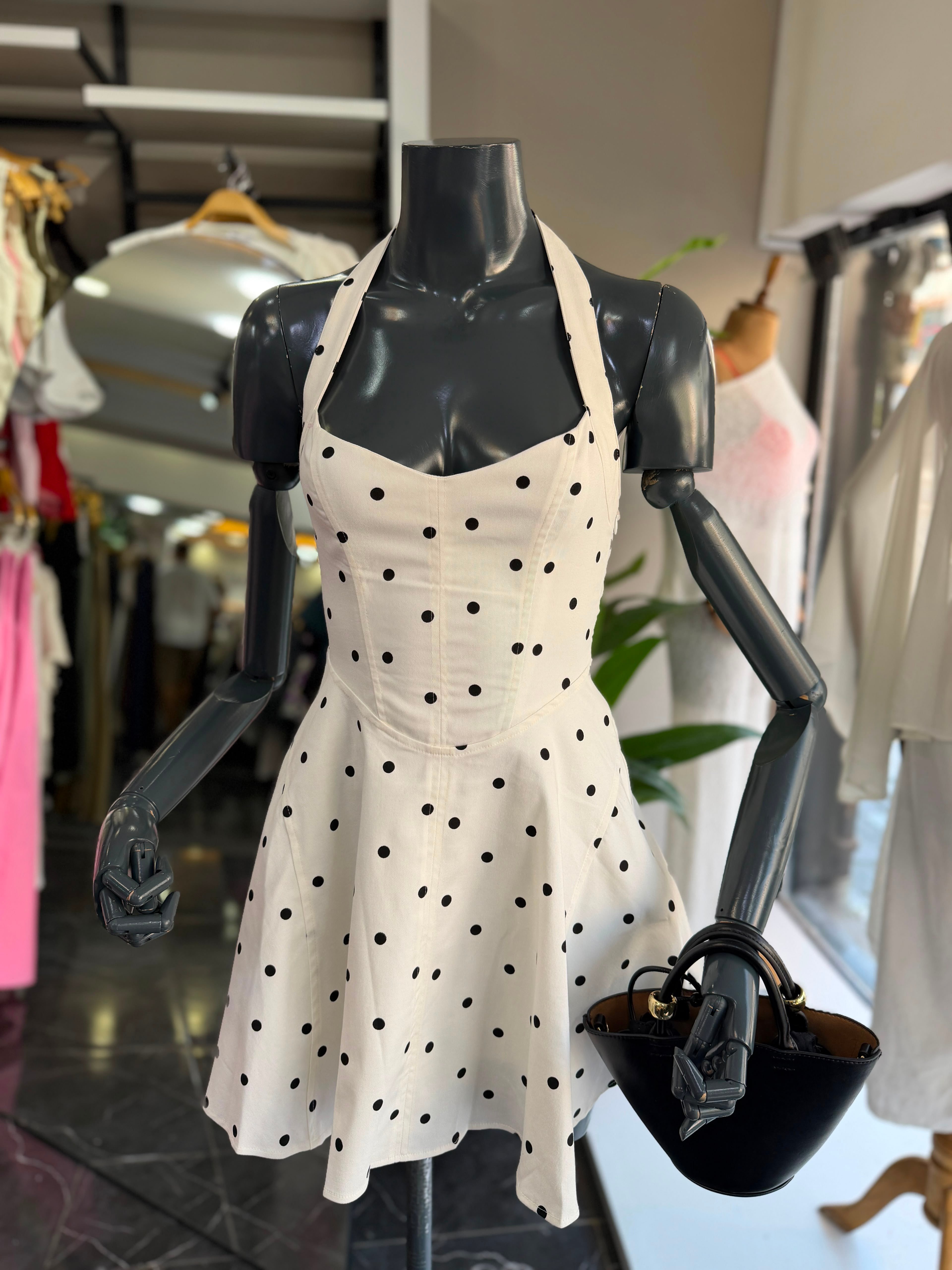 Ekru Halter Yaka Puantiyeli Elbise