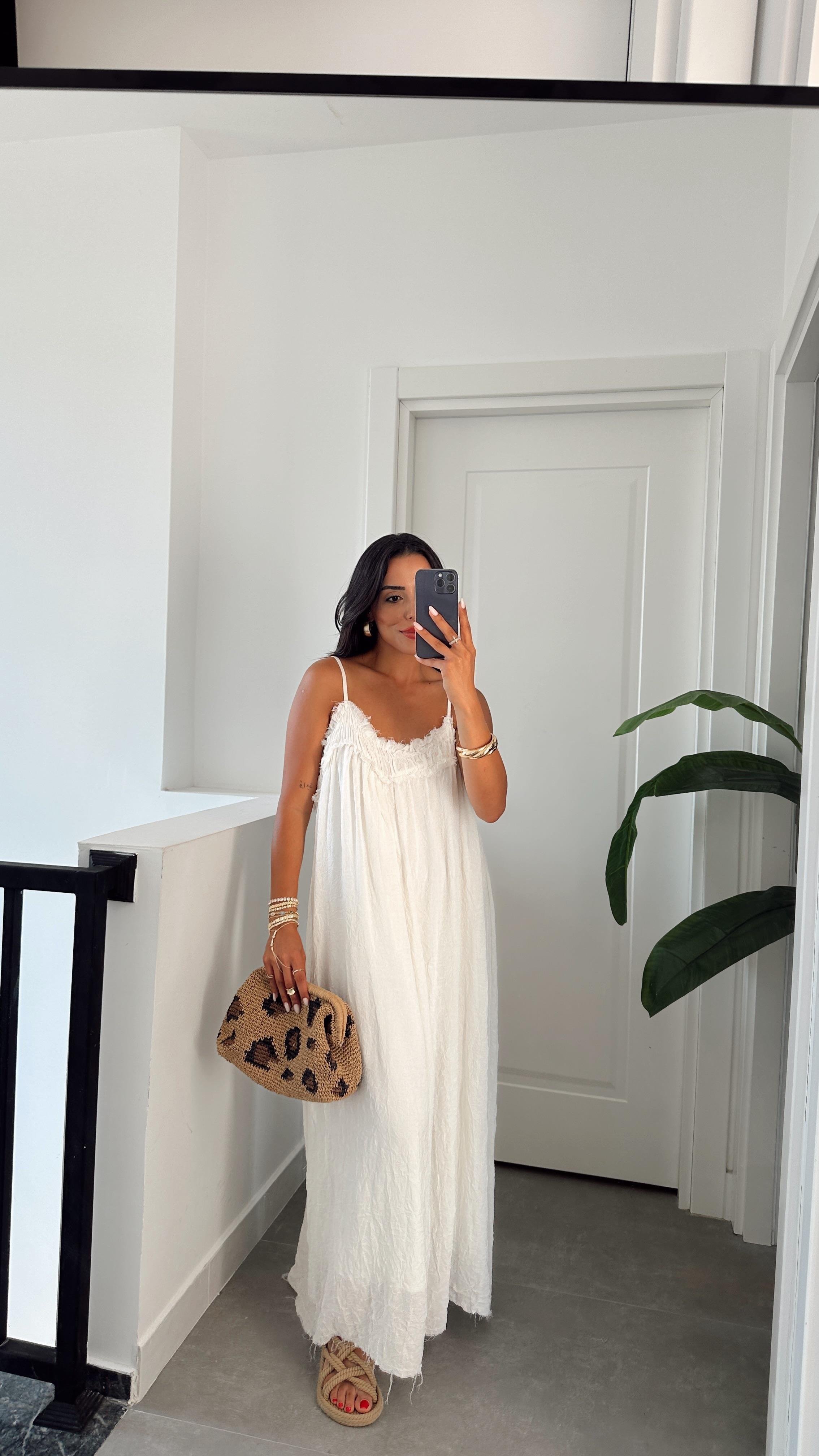 Ekru İp Askılı Elbise