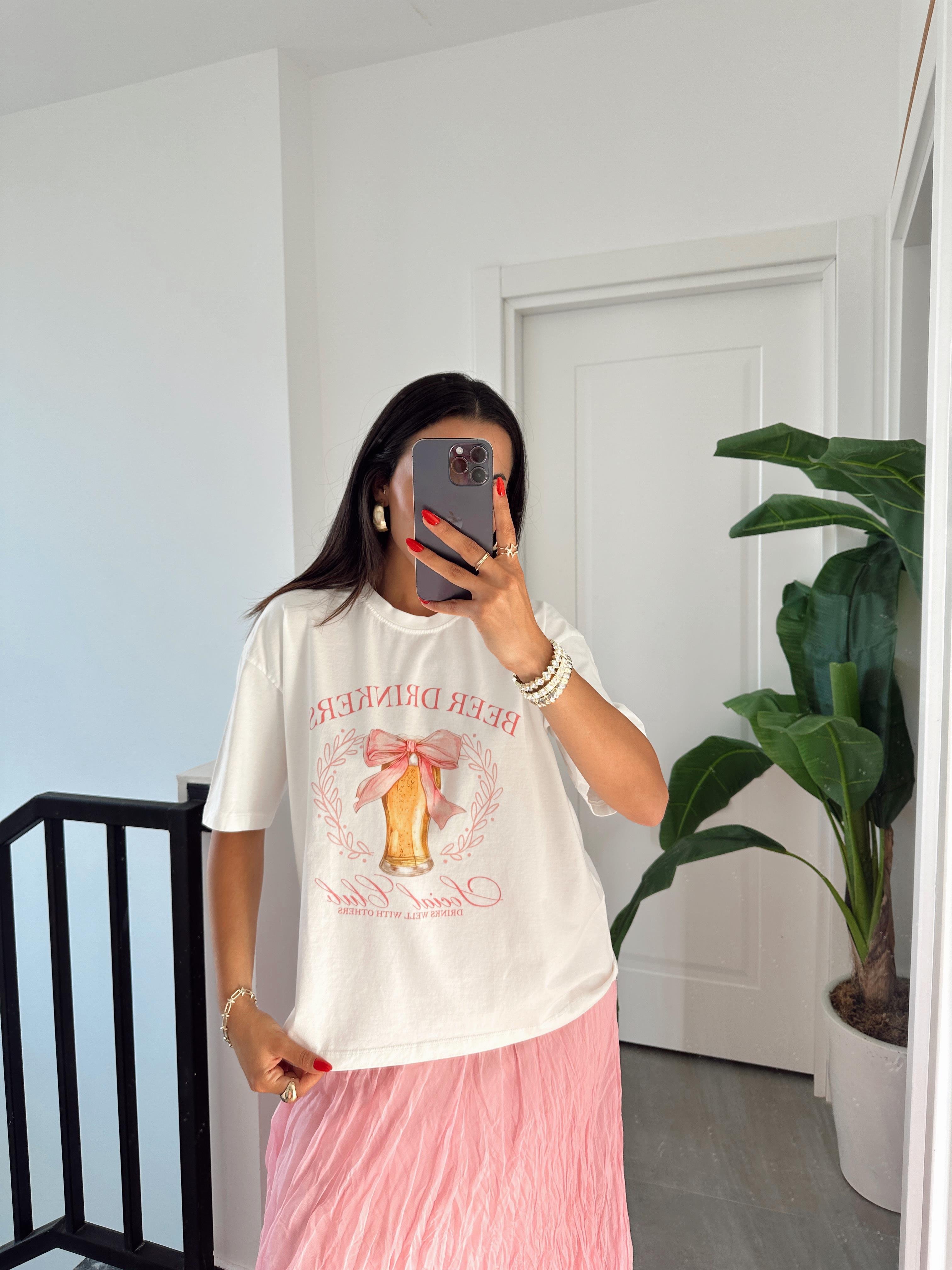 Ekru Kurdele Baskılı Tshirt