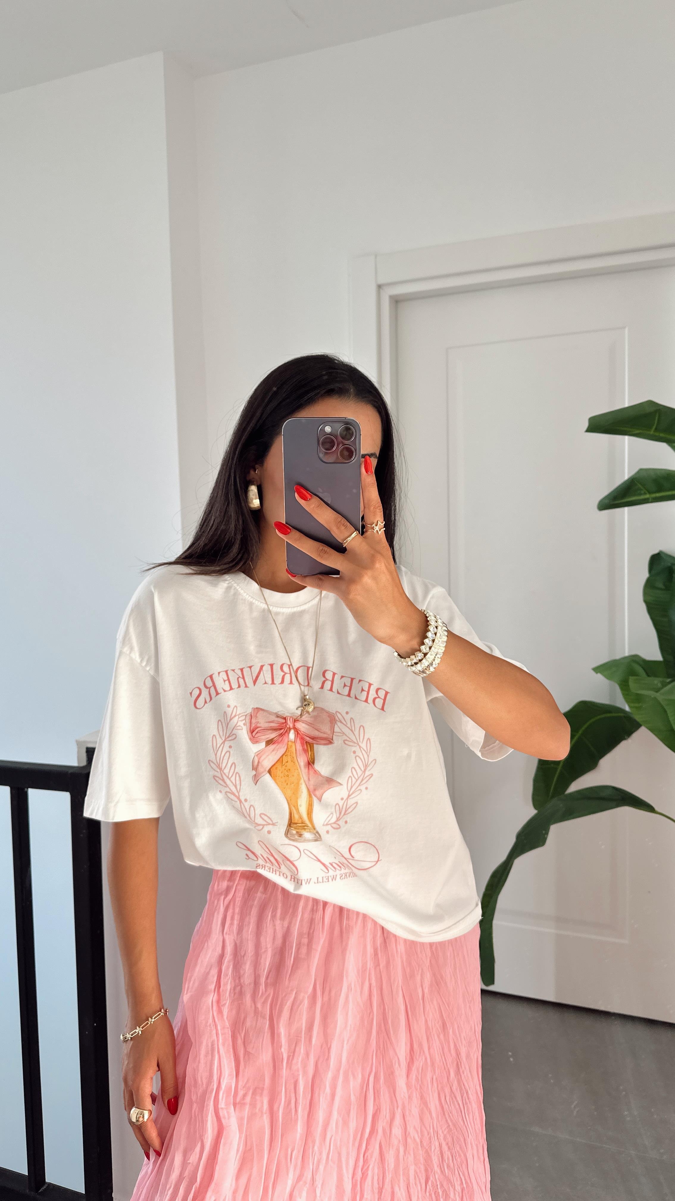 Ekru Kurdele Baskılı Tshirt