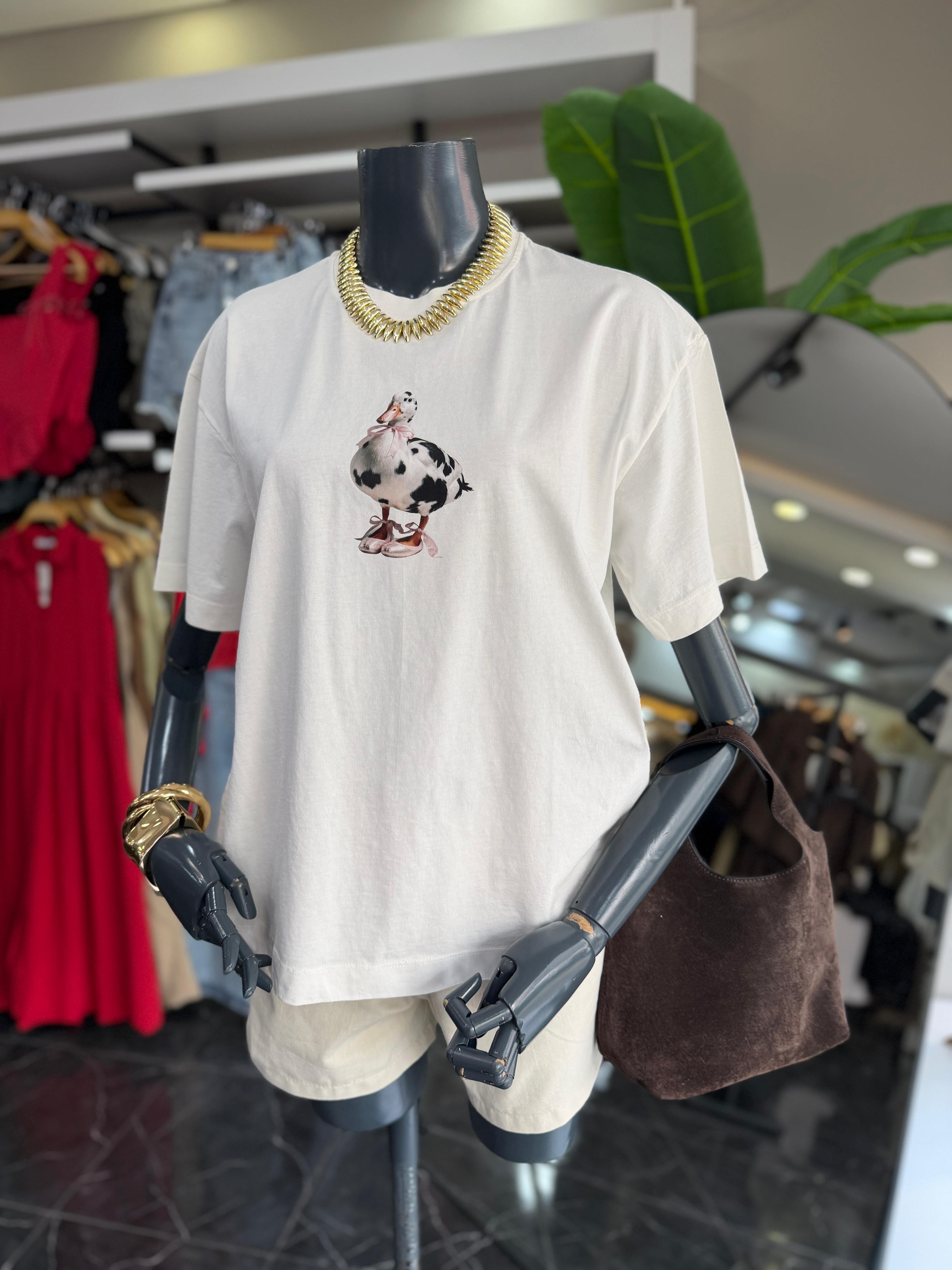 Ekru Ördek Baskı Tshirt