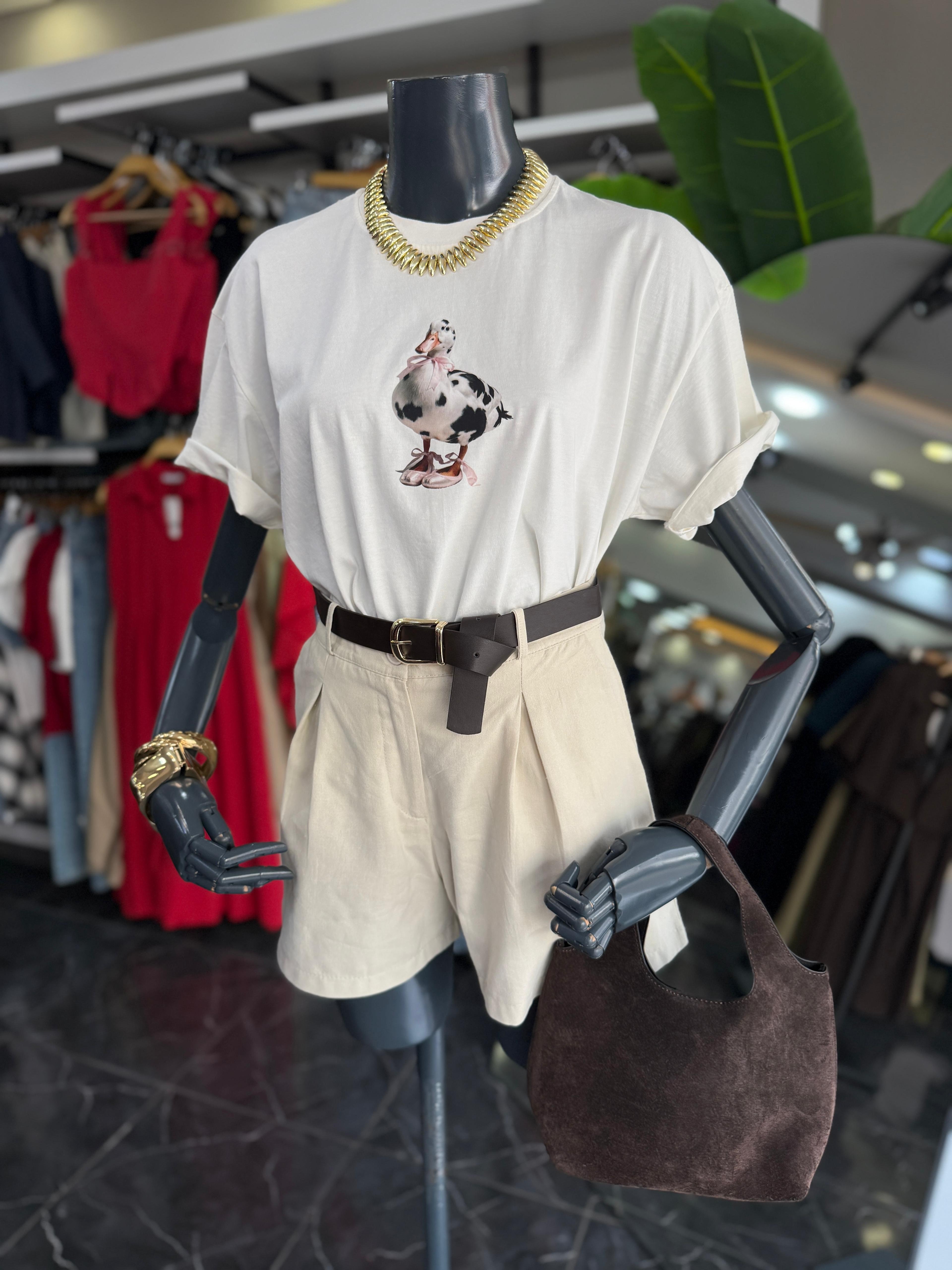 Ekru Ördek Baskı Tshirt