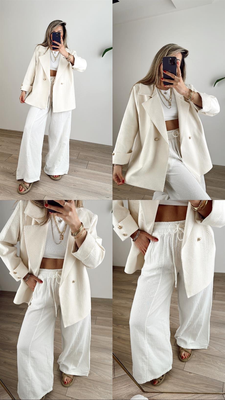 Ekru Oversize Keten Ceket