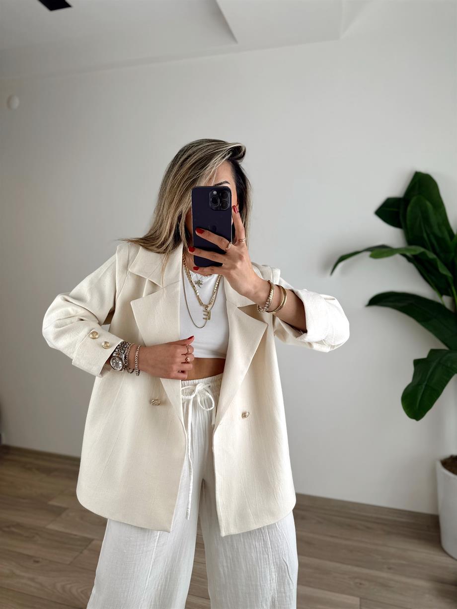 Ekru Oversize Keten Ceket