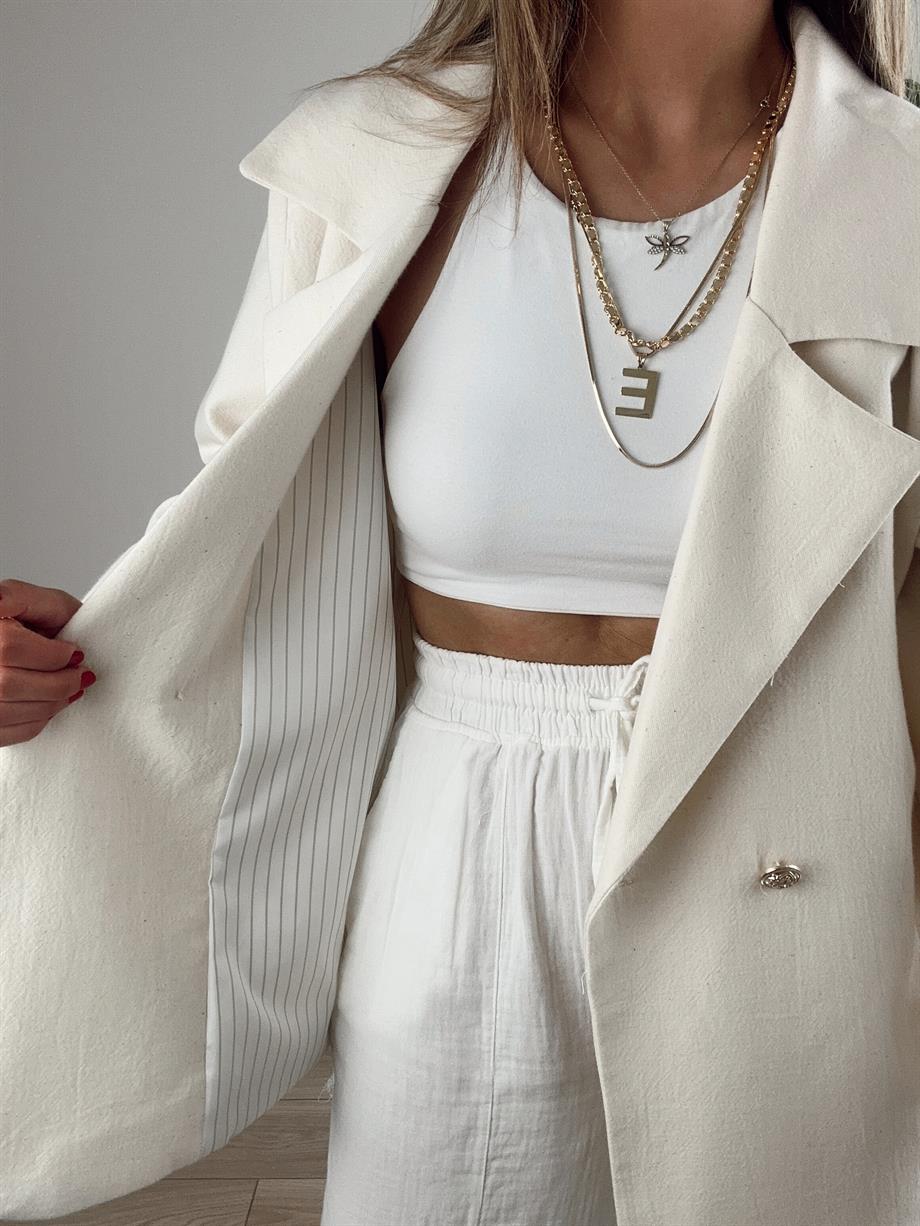 Ekru Oversize Keten Ceket