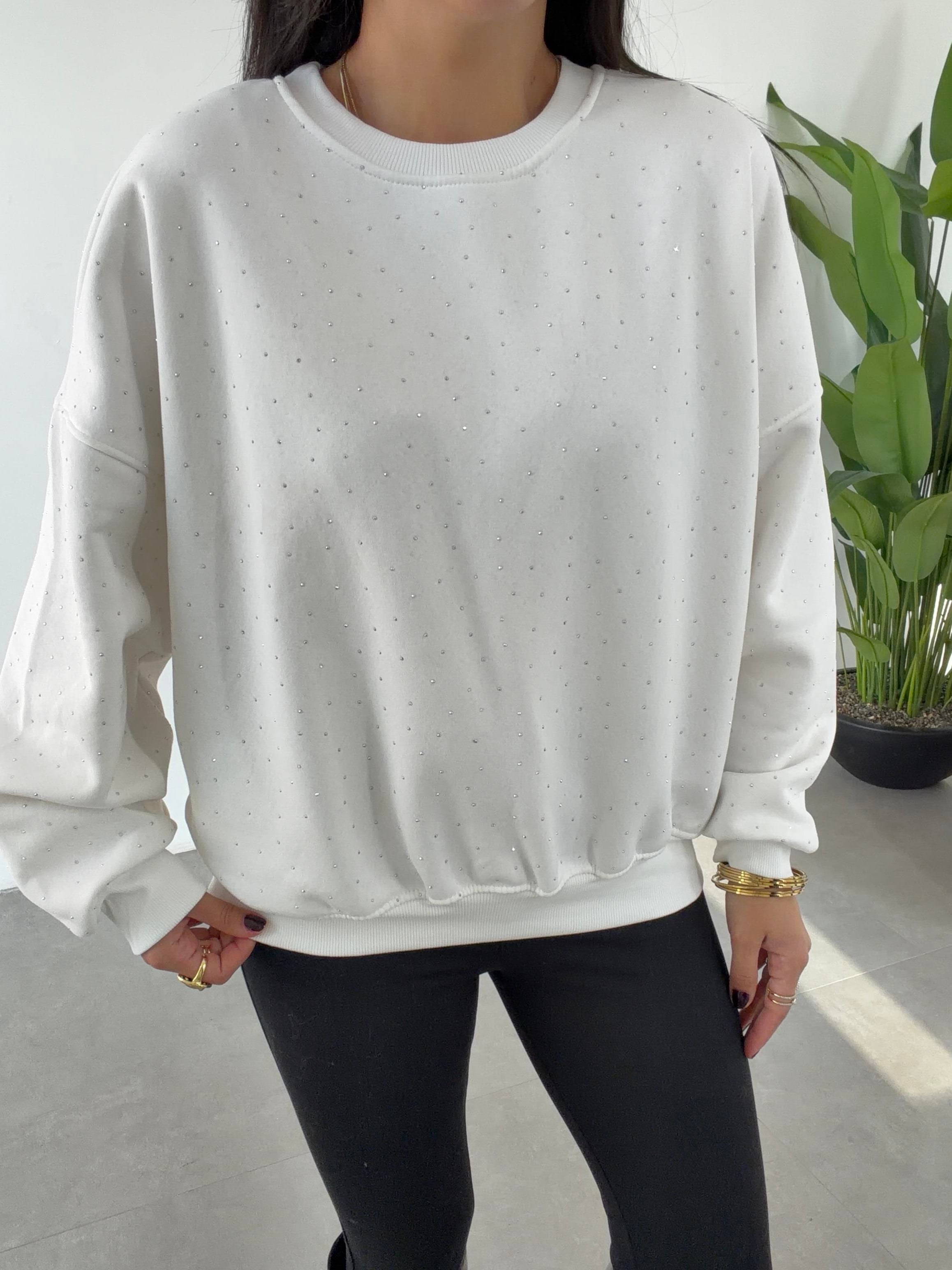 Ekru Oversize Taşlı Sweatshirt