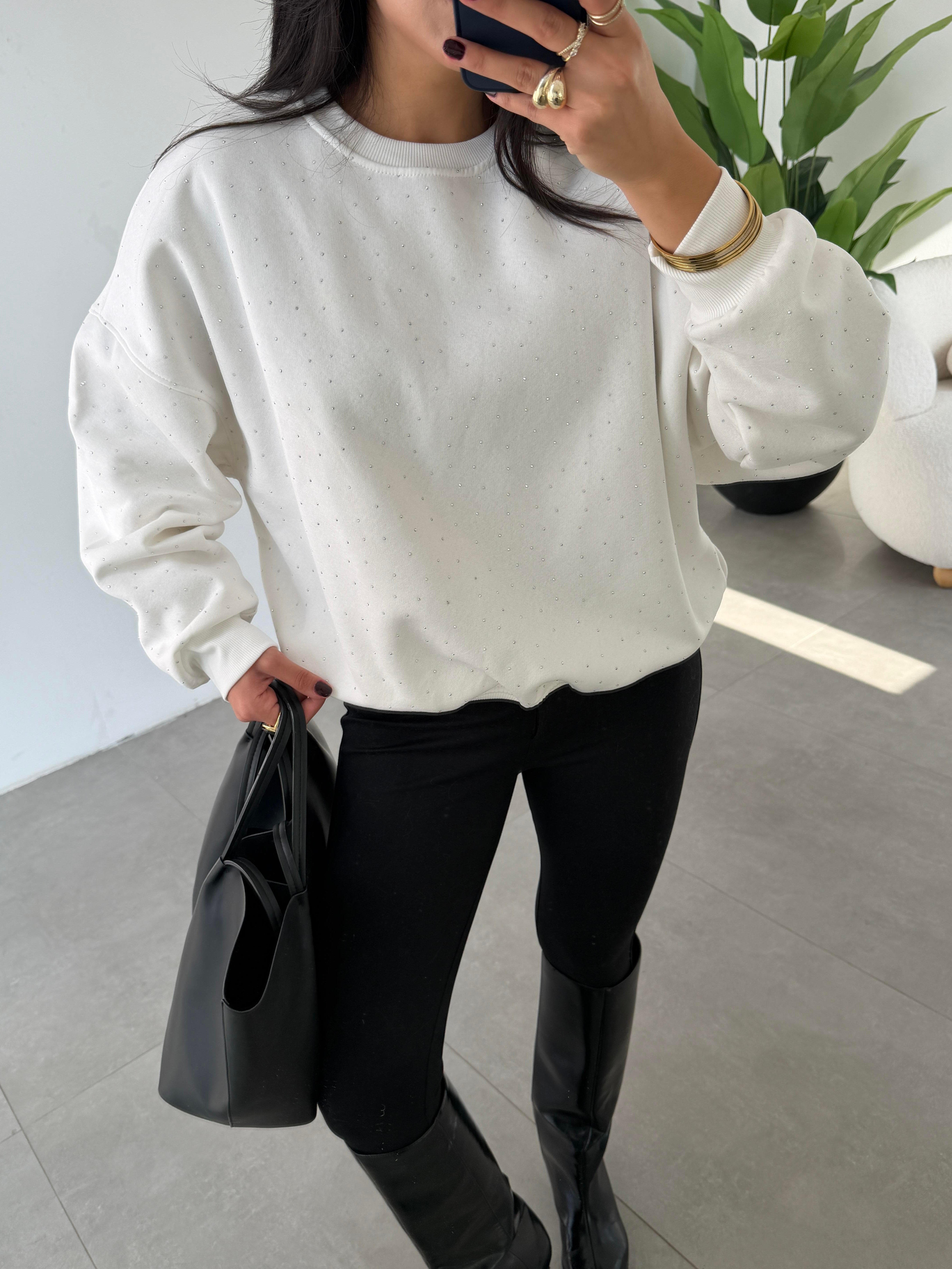 Ekru Oversize Taşlı Sweatshirt