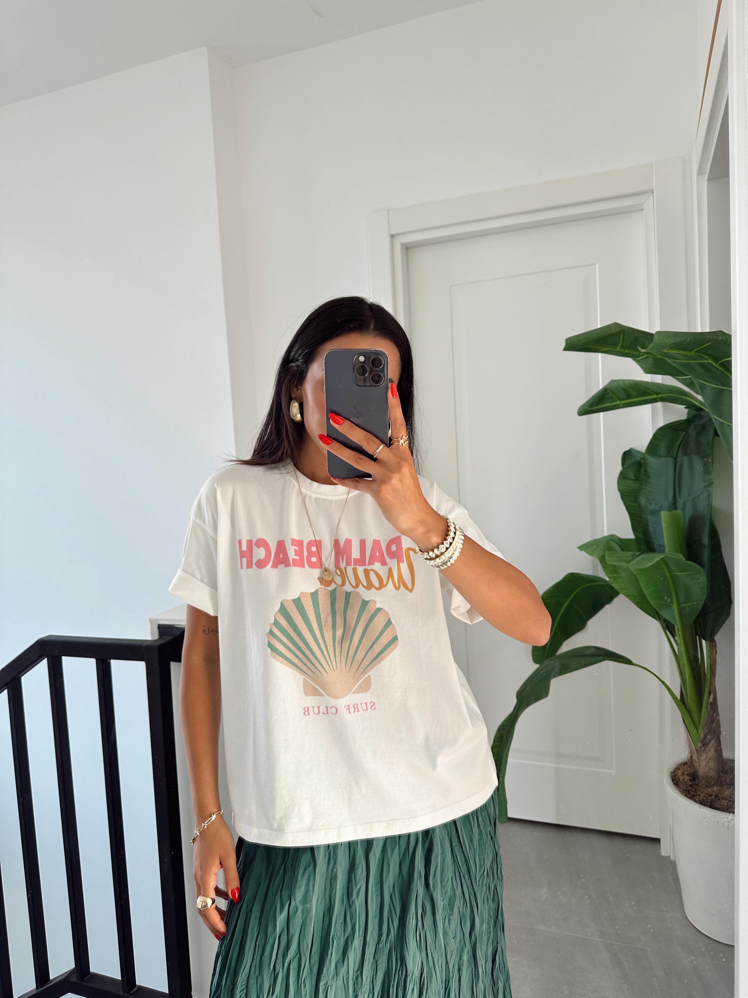 Ekru Palm Beach Baskılı Tshirt
