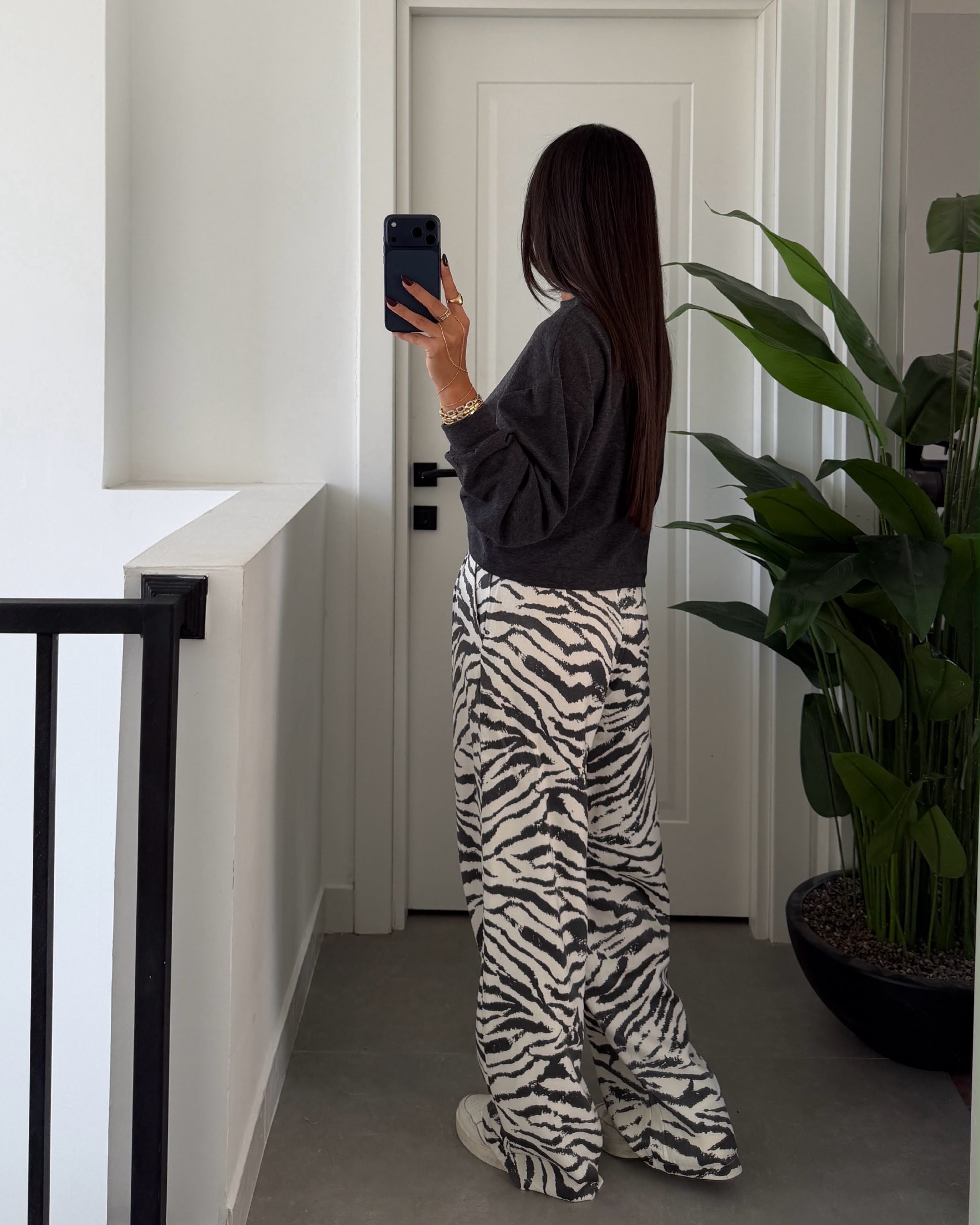 Ekru-Siyah Zebra Desen Pantolon