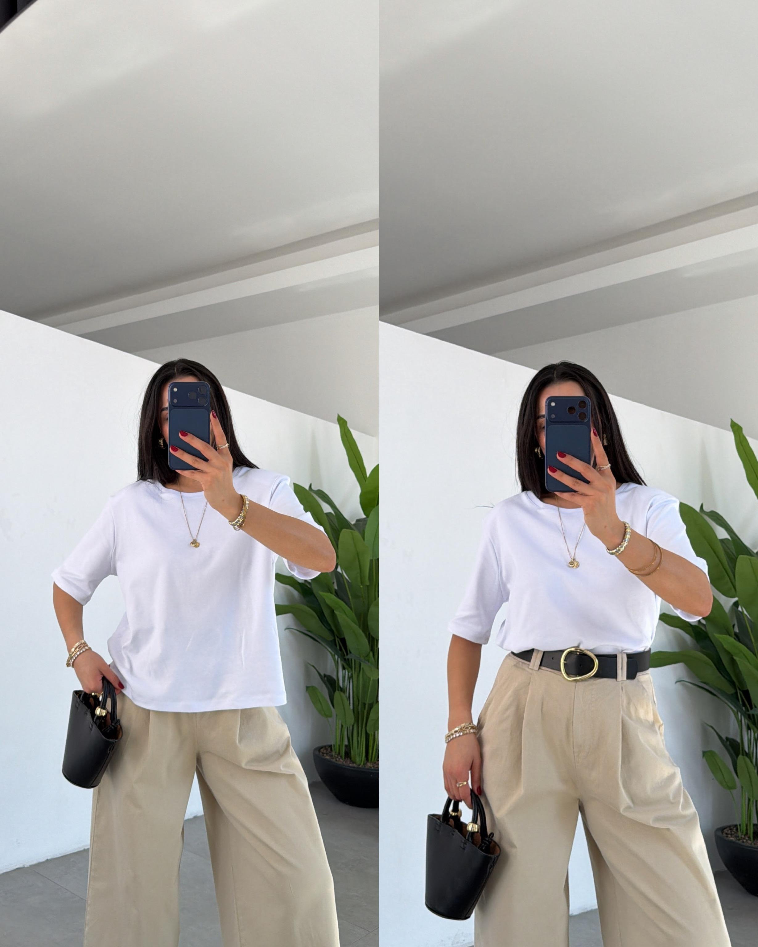 Ekru Vatkalı Basic Yaka Tshirt