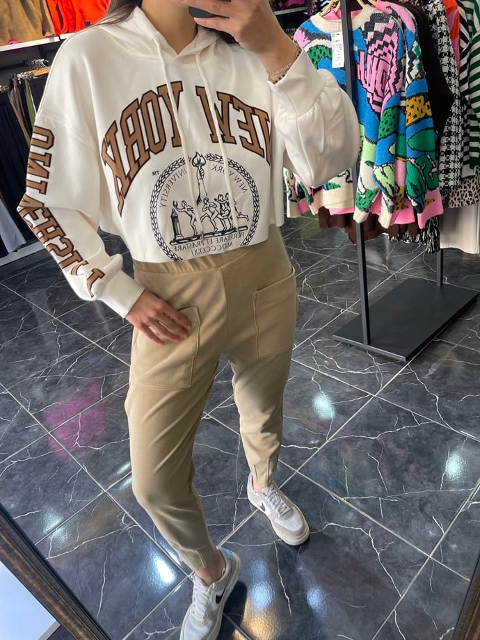 Ekru Yazılı Kapşonlu Sweat