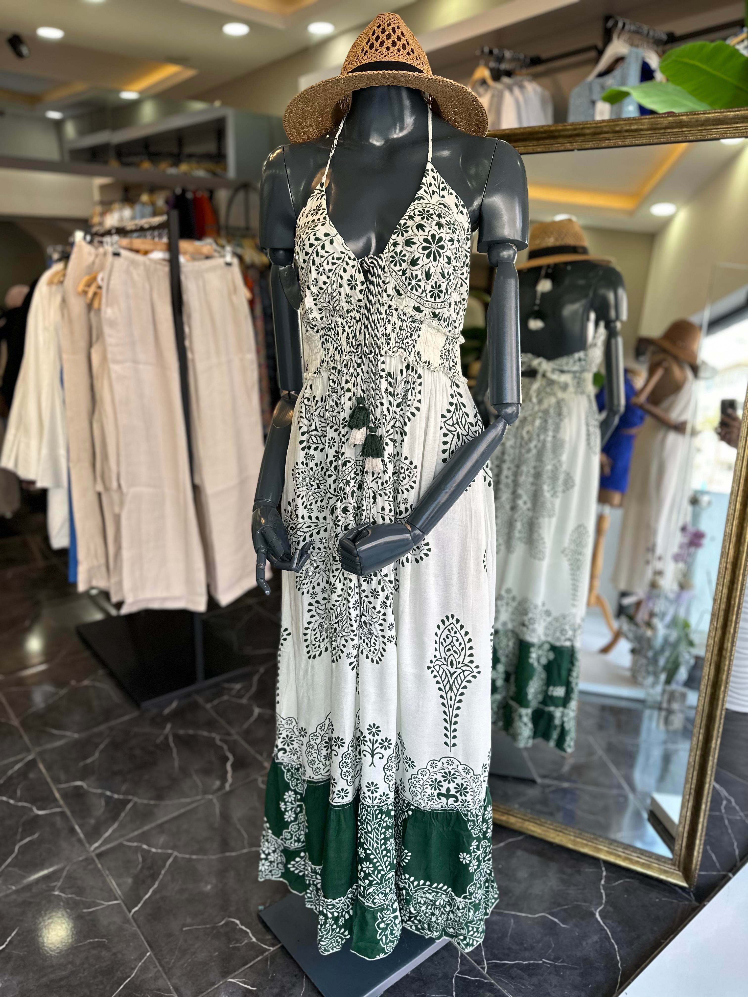 Ekru-Yeşil Hint Elbise