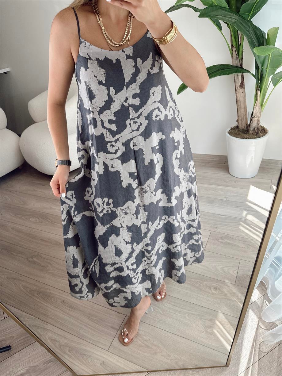 Füme Desenli Askılı Elbise