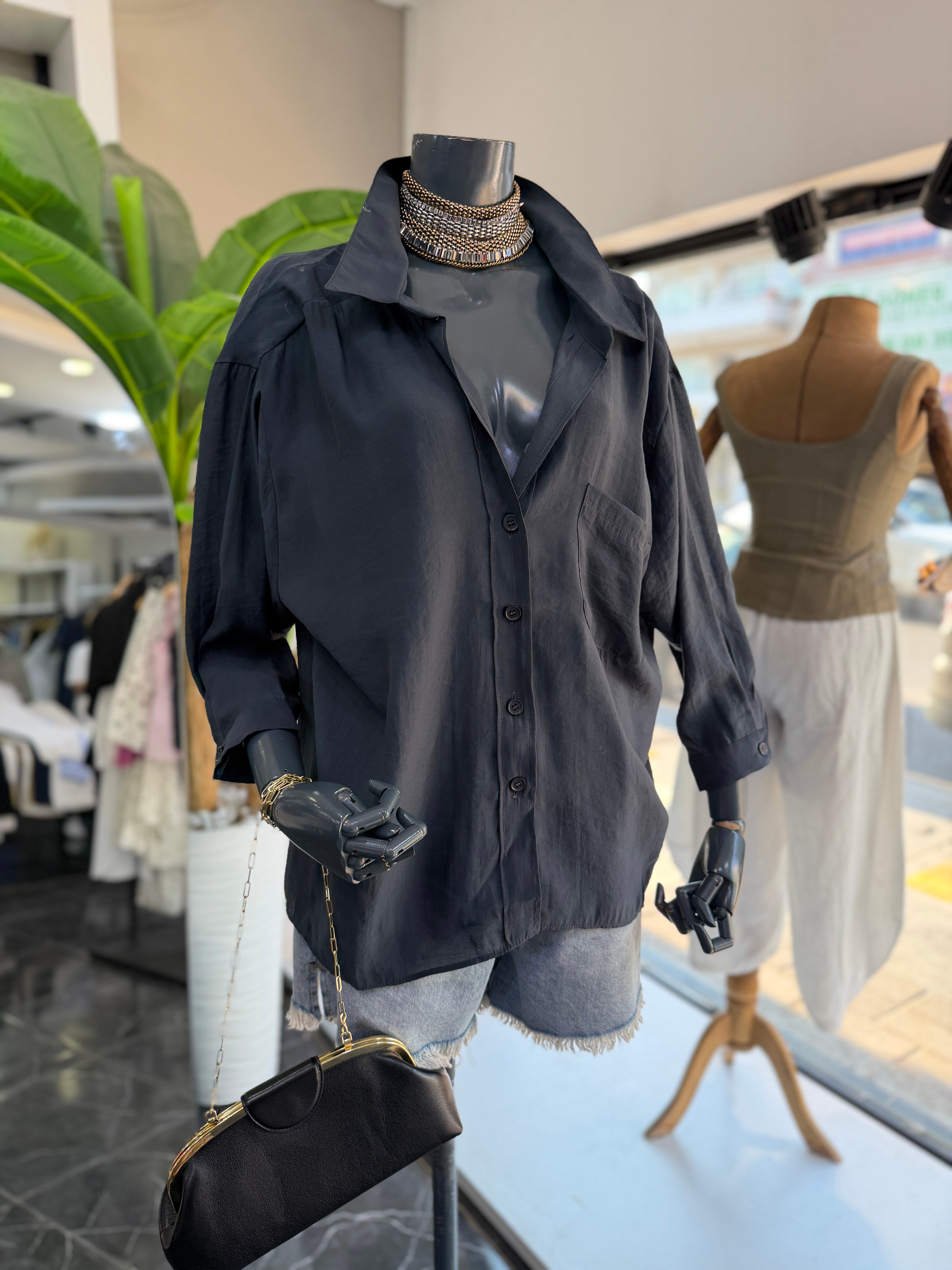 Füme Düşük Omuz Oversize Gömlek