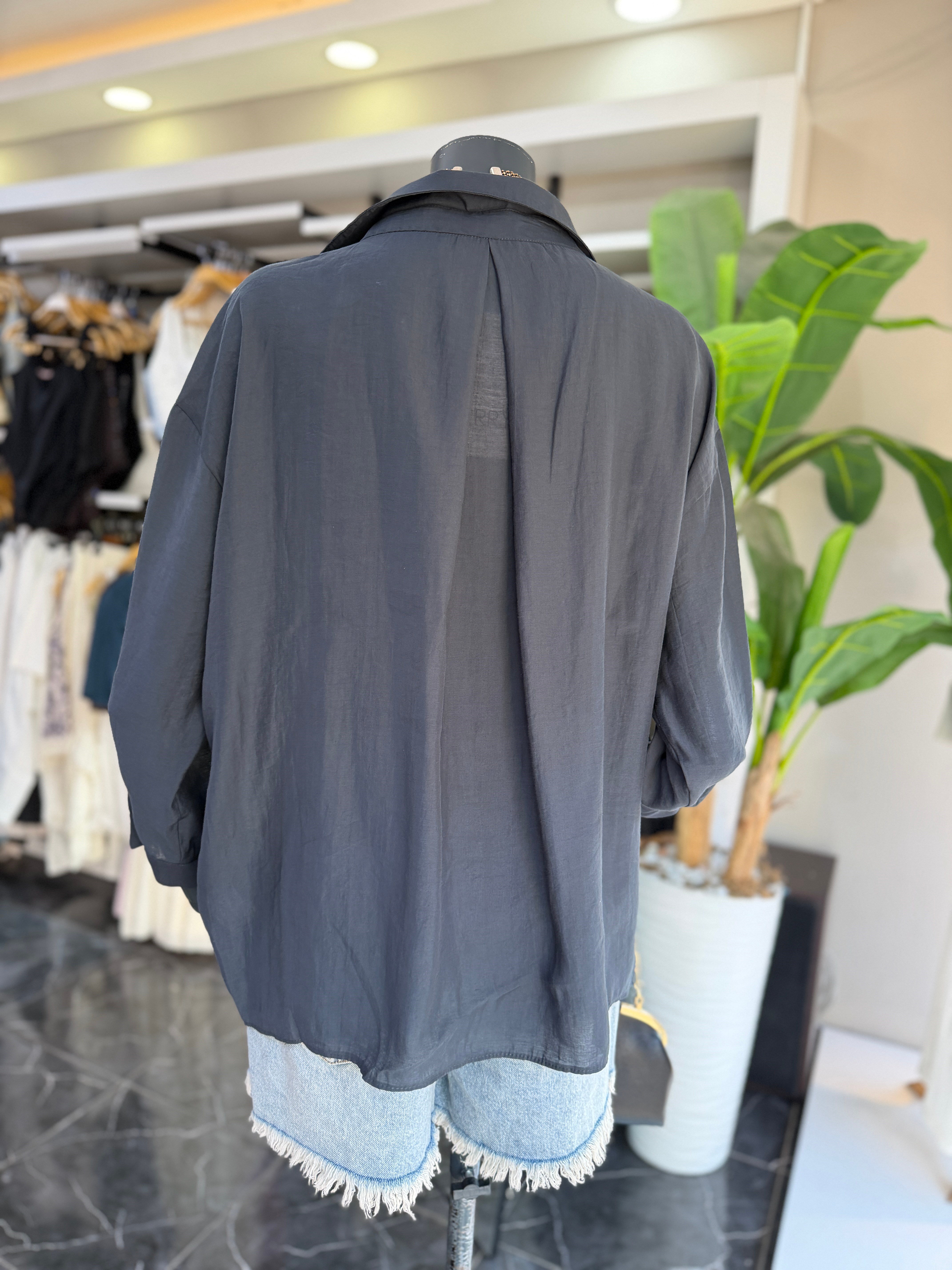 Füme Düşük Omuz Oversize Gömlek